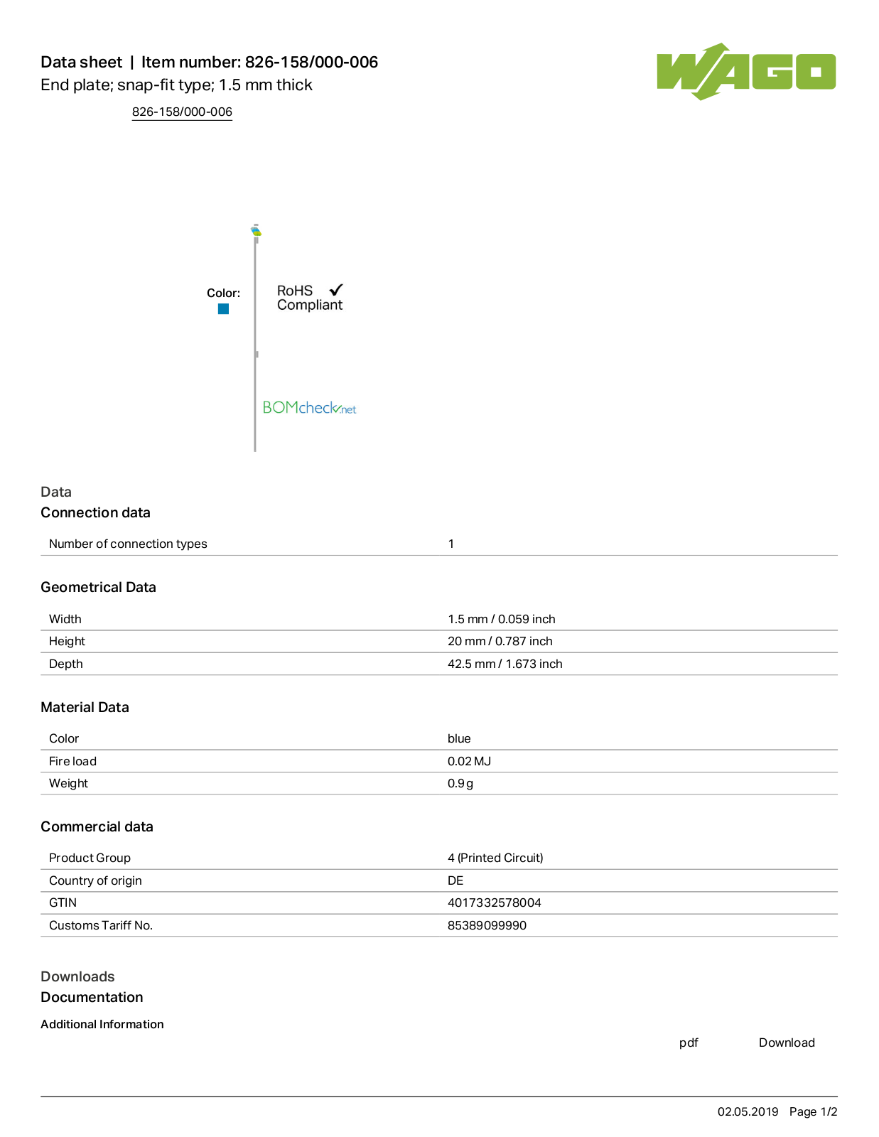 Wago 826-158/000-006 Data Sheet