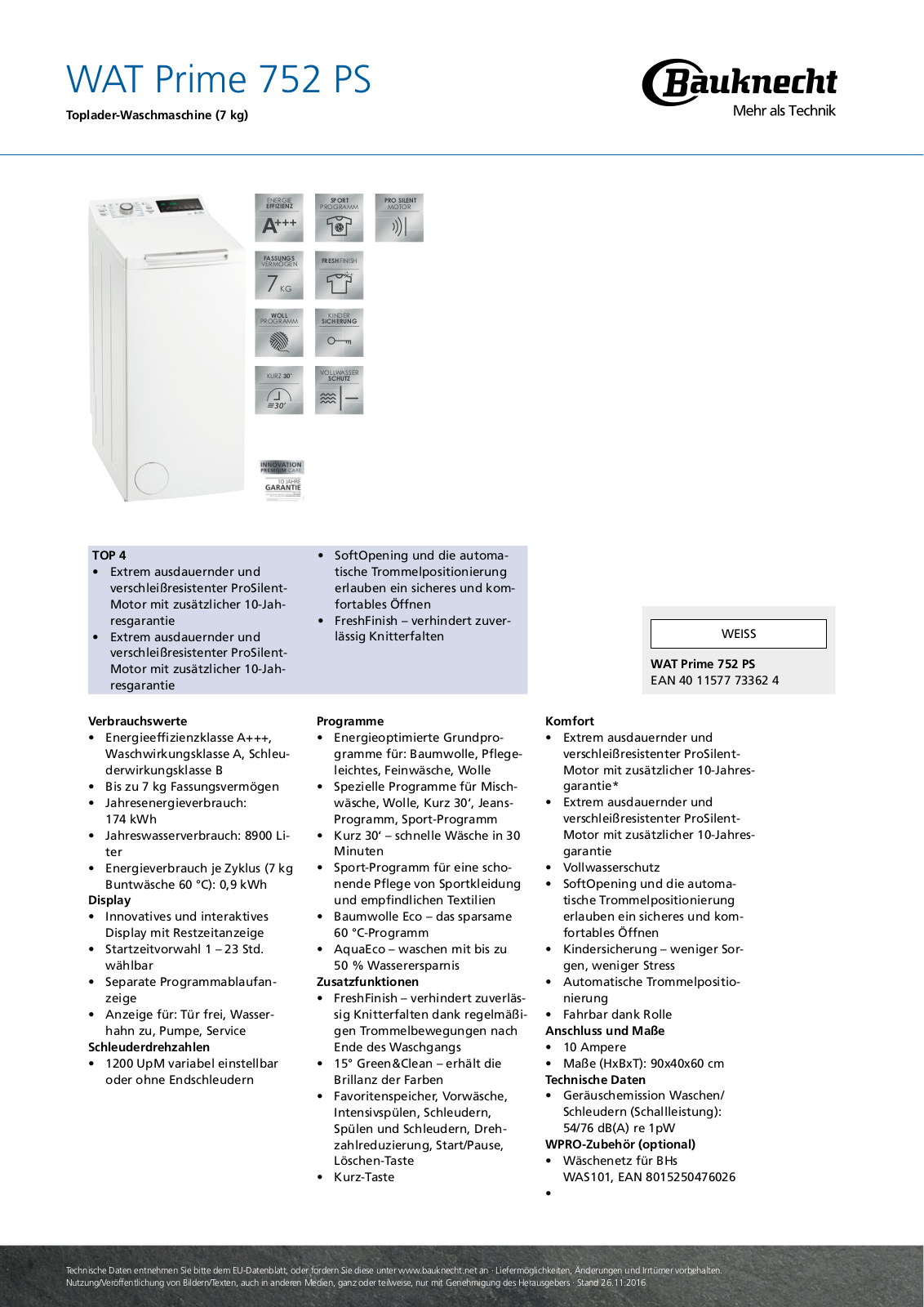 Bauknecht WAT Prime 752 PS User Manual