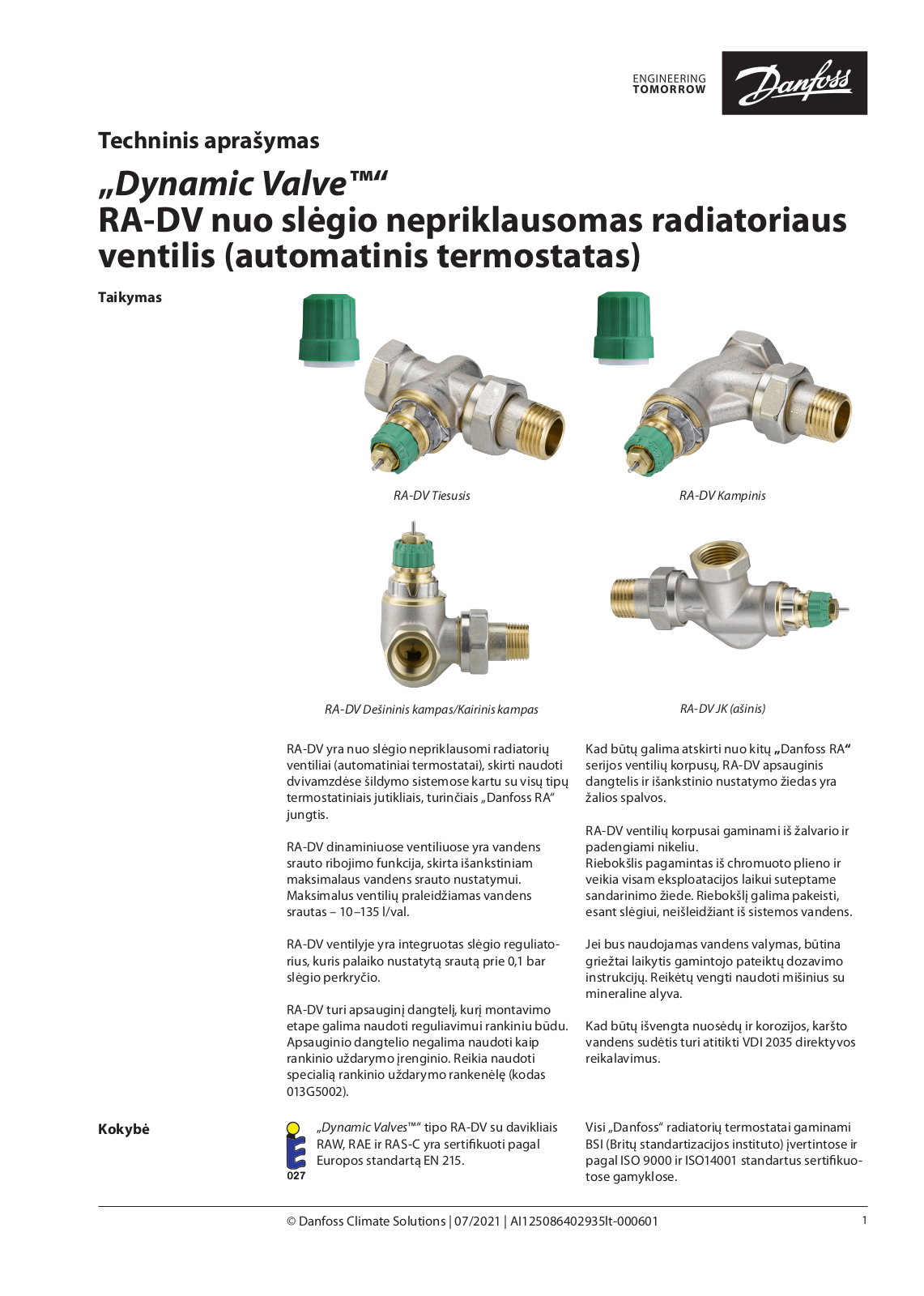 Danfoss RA-DV Data sheet