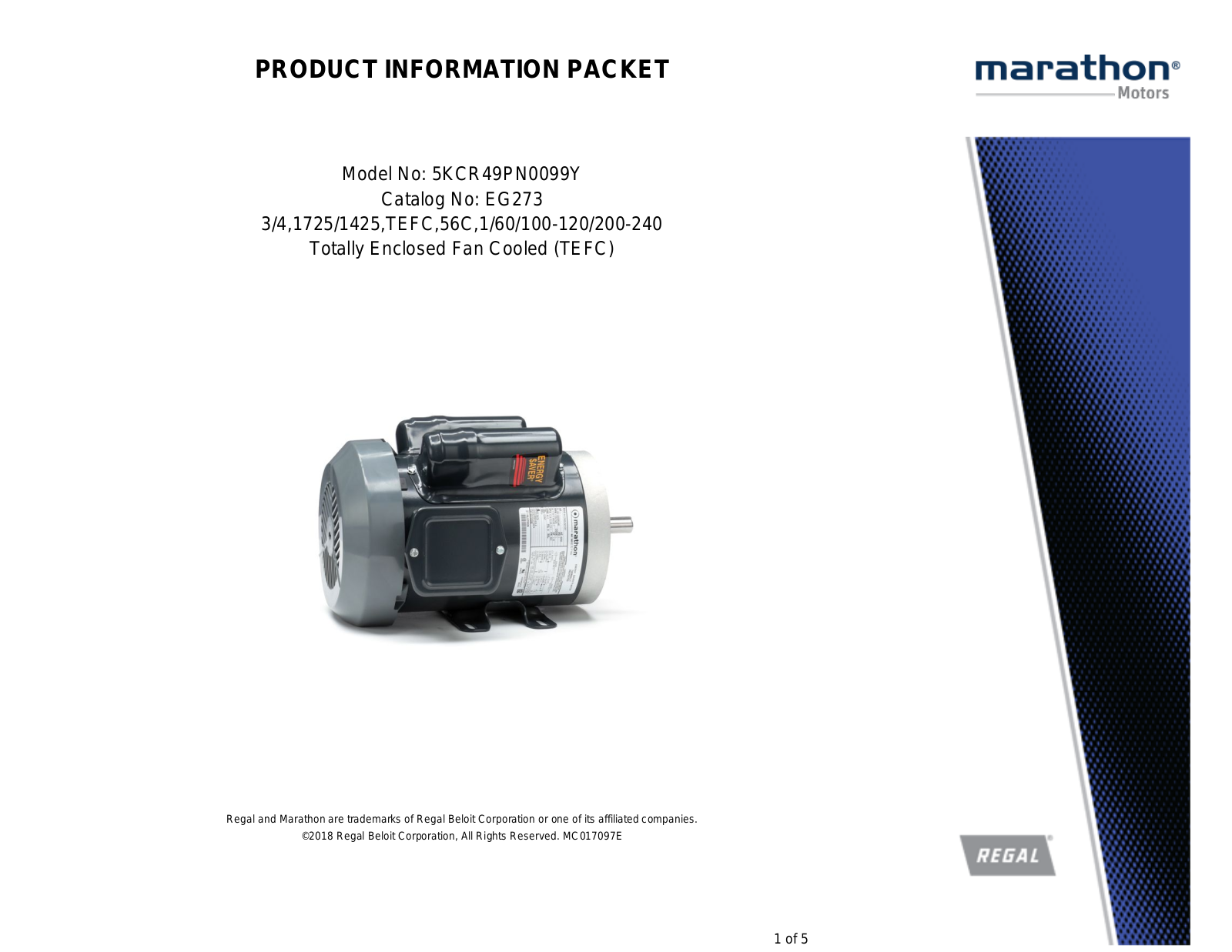 Marathon Electric 5KCR49PN0099Y Product Information Packet