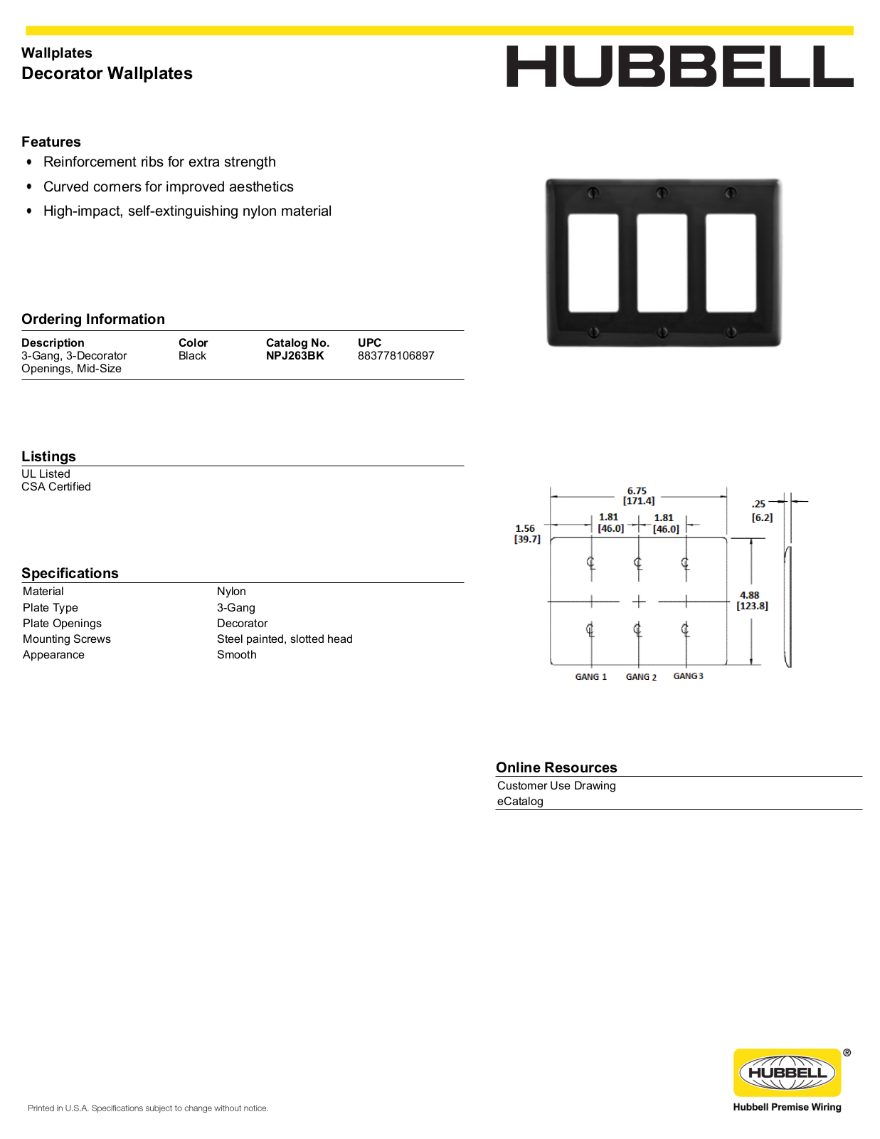 Hubbell NPJ263BK Specifications