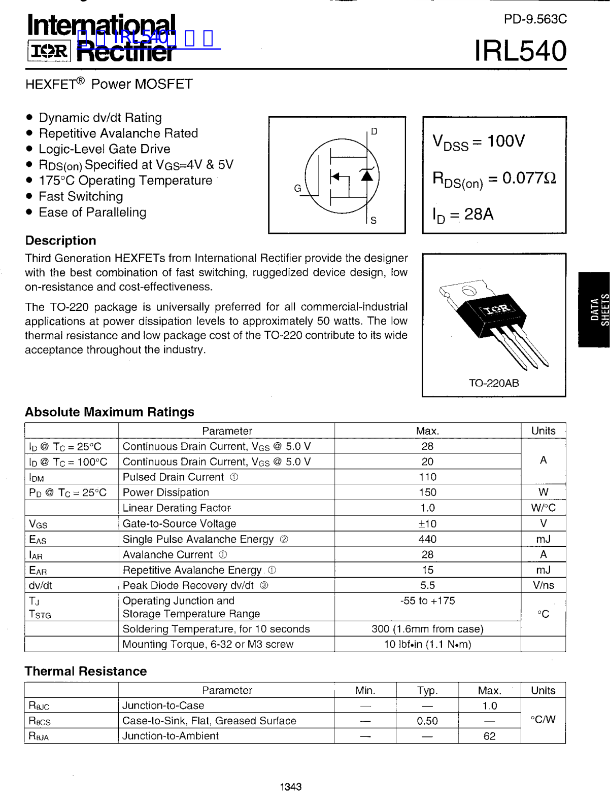 International Rrectifier IRL540 User Manual