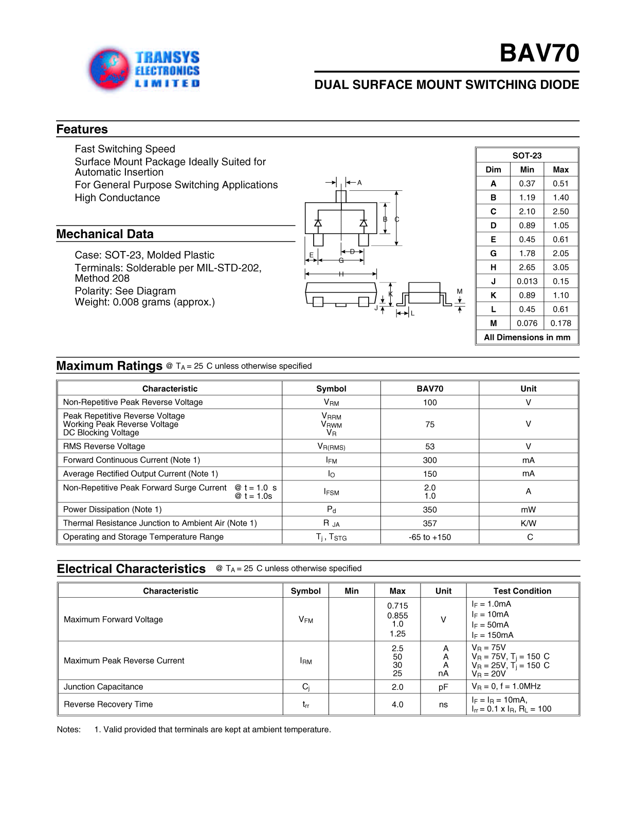 TEL BAV70, BAV70 Datasheet