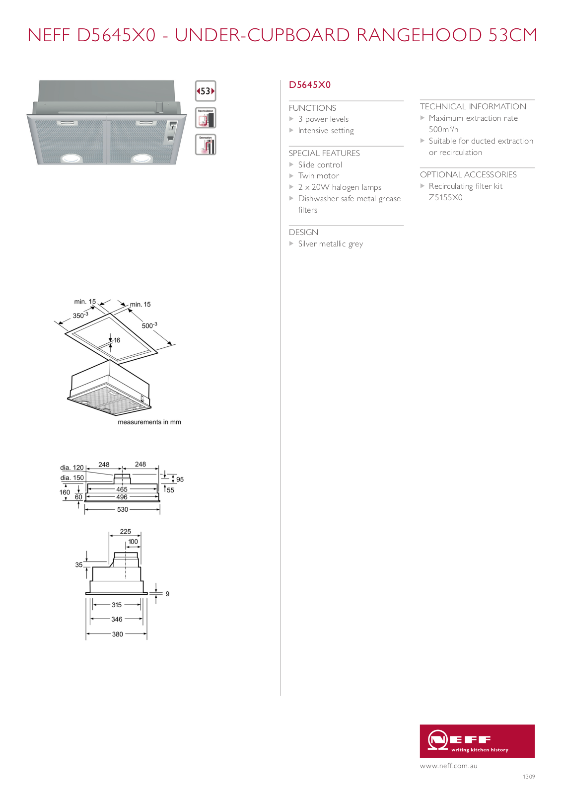 NEFF D5645X0 Specifications Sheet