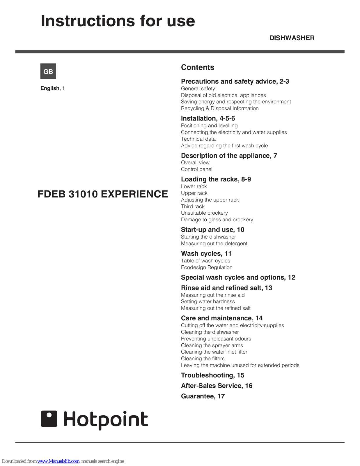 Hotpoint FDEB 31010 EXPERIENCE Instructions For Use Manual