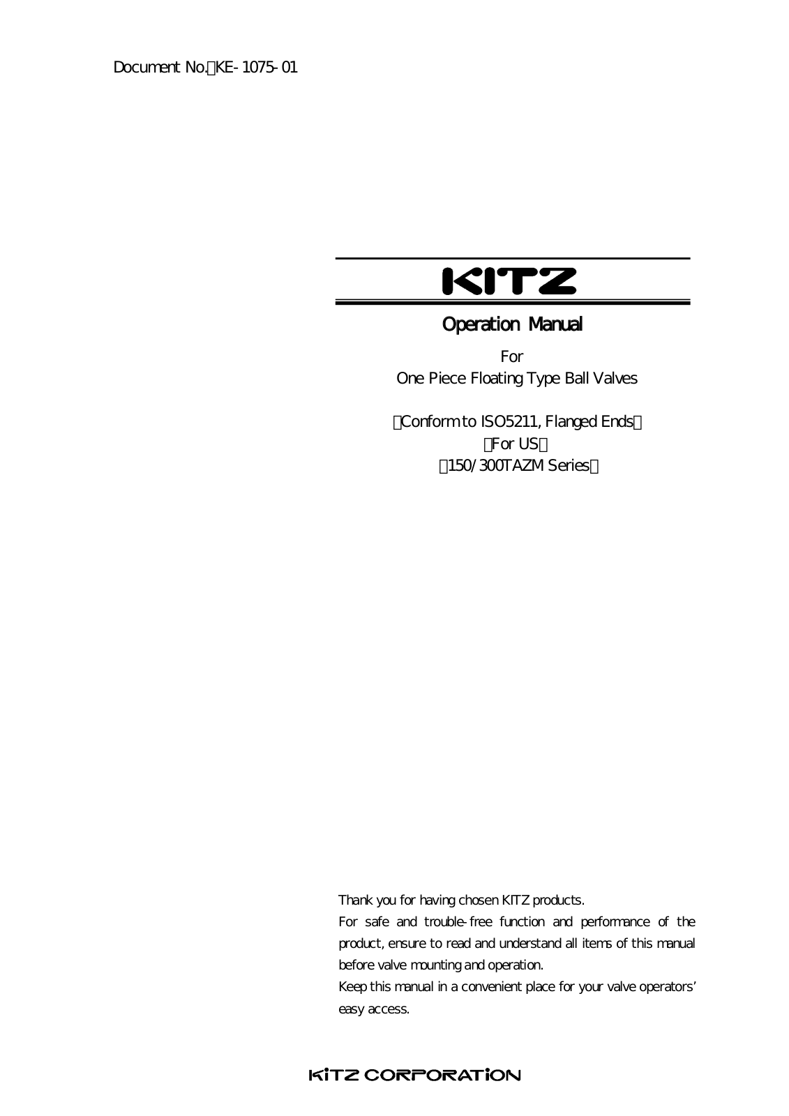 Kitz 150TAZM Series, 300TAZM Series Operation Manual