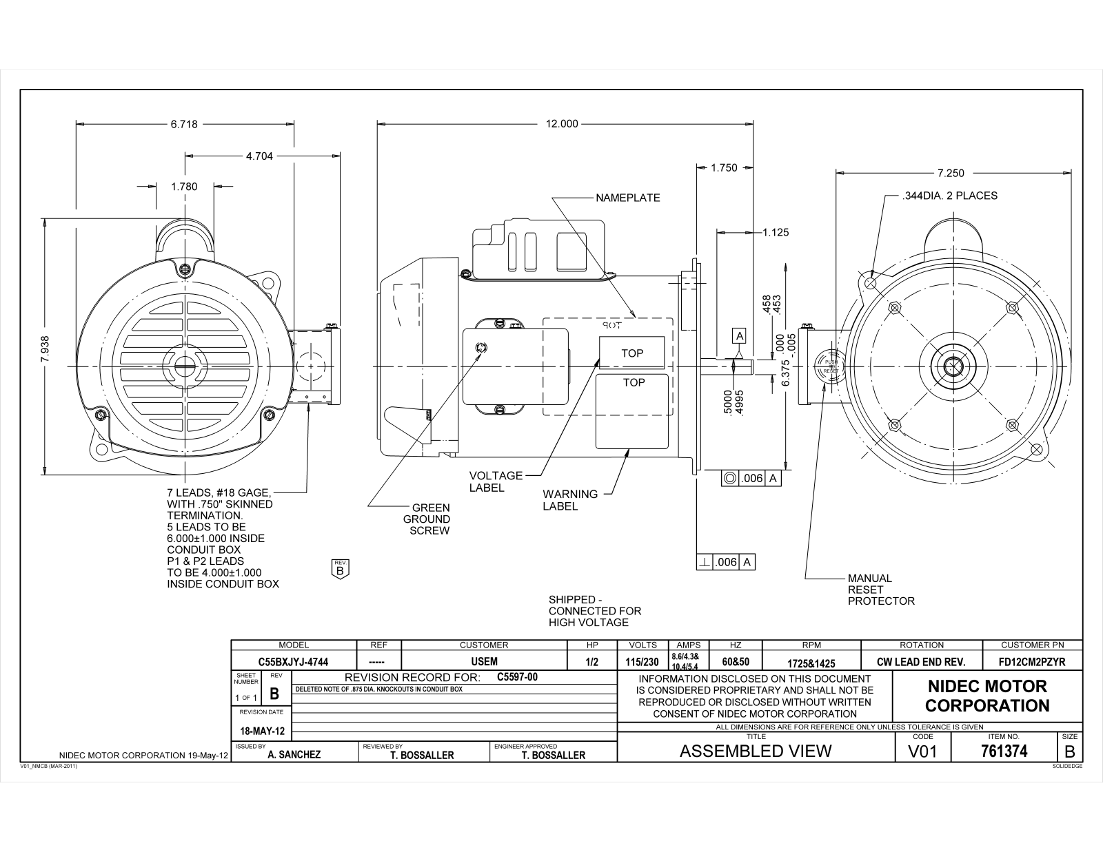 US Motors FD12CM2PZYR Dimensional Sheet