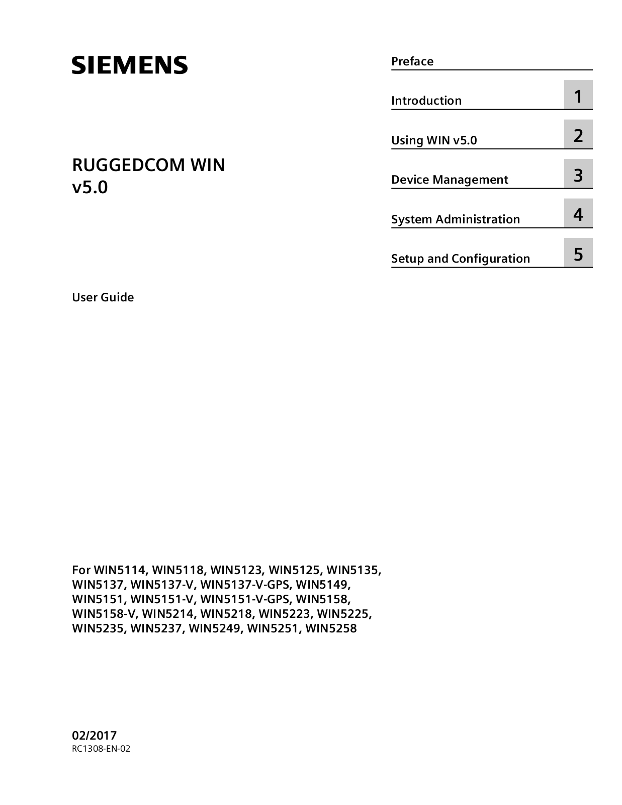 Siemens RUGGEDCOM WIN5137, RUGGEDCOM WIN5135, RUGGEDCOM WIN5258, RUGGEDCOMWIN5251, RUGGEDCOM WIN5249 User Manual