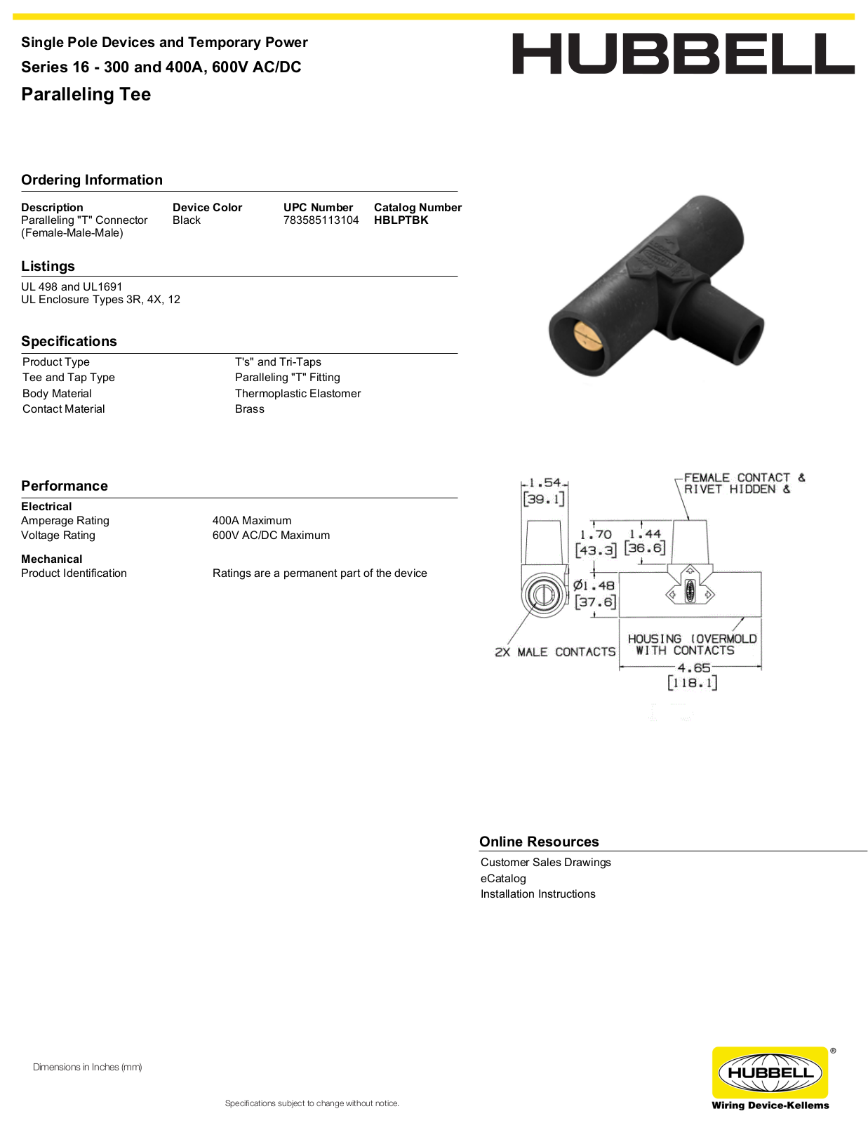 Hubbell HBLPTBK Specifications - ManualMachine.com