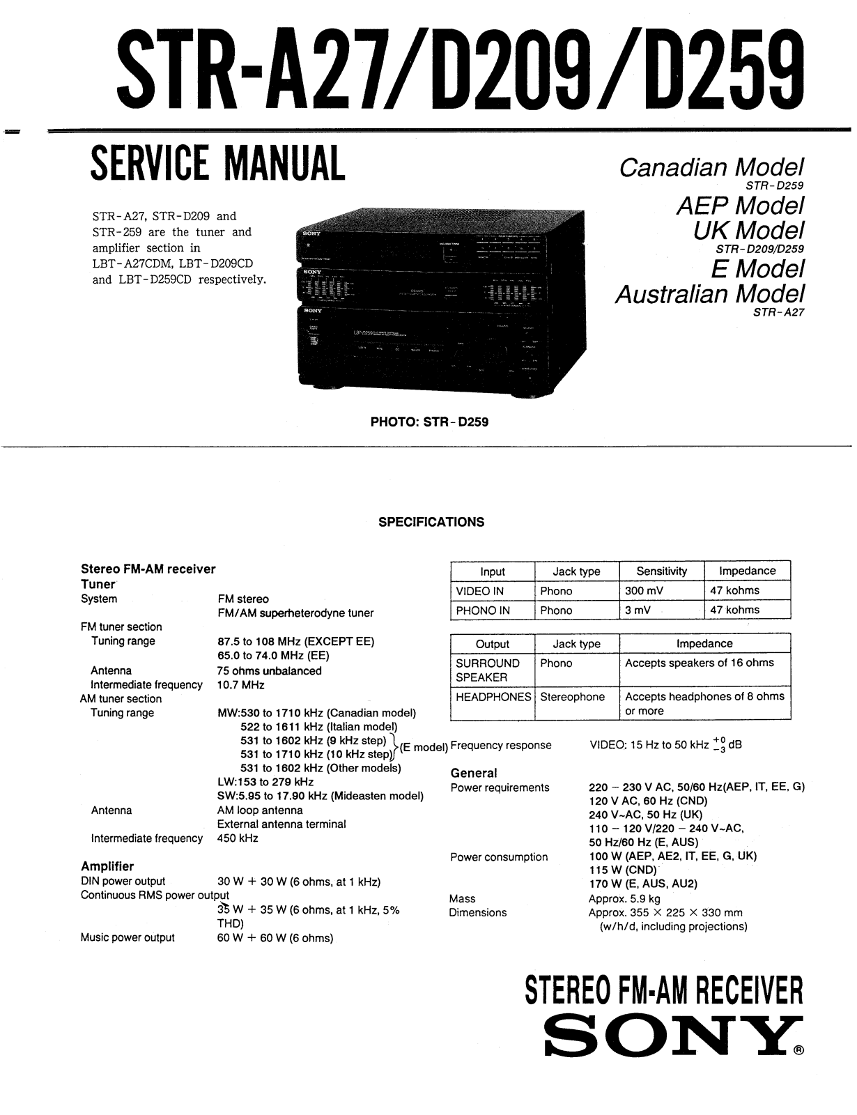 Sony STRA-27, STRD-209, STRD-259 Service manual