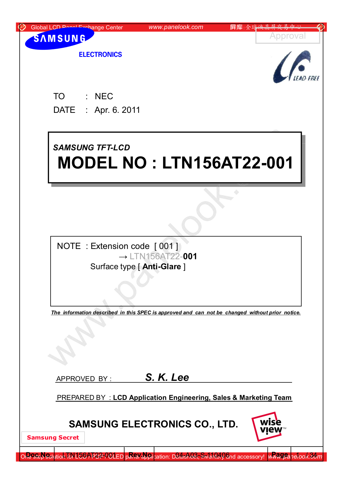 SAMSUNG LTN156AT22-001 Specification