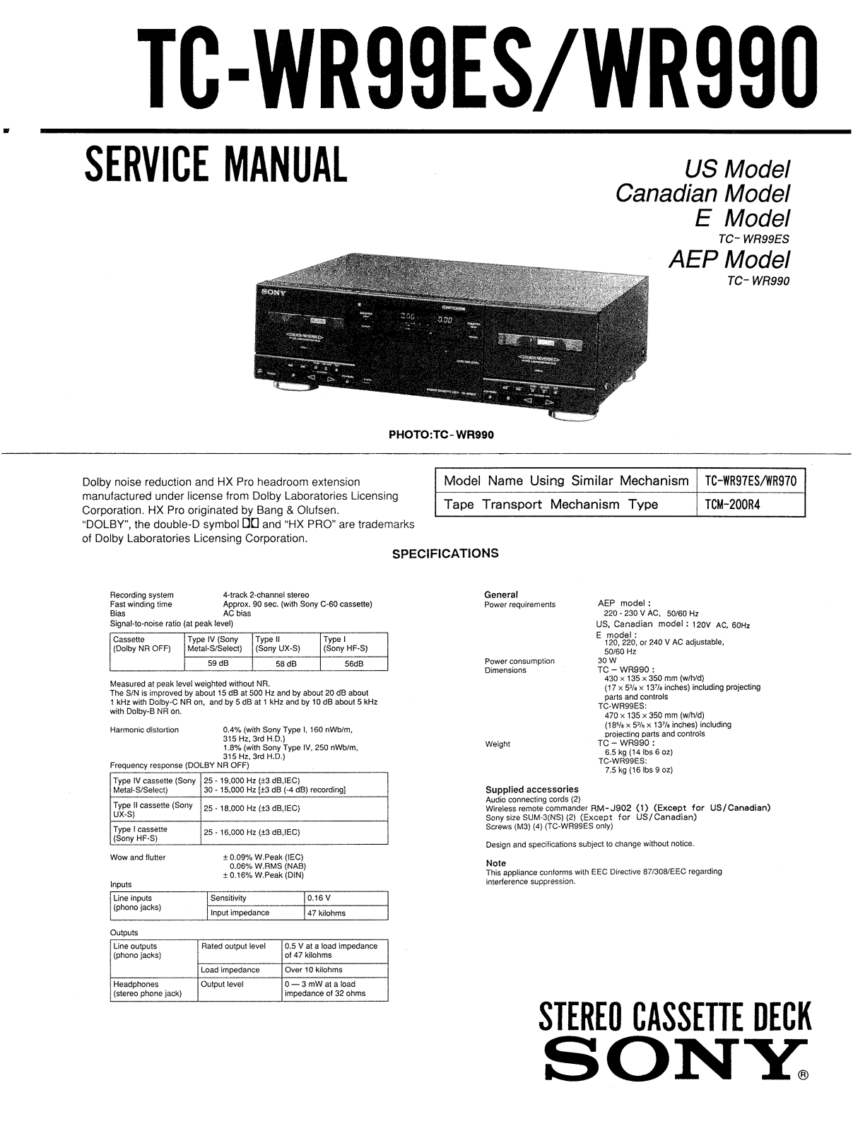 Sony TCWR-990 Service manual