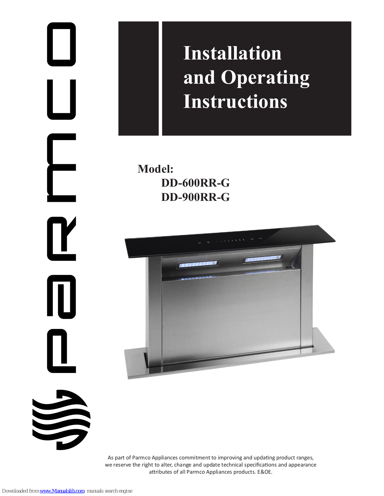 Parmco DD-600RR-G, DD-900RR-G Installation And Operating Instructions Manual