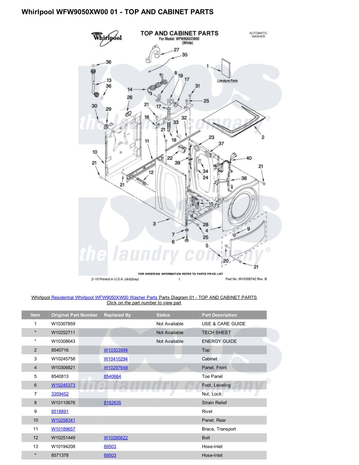 Whirlpool WFW9050XW00 Parts Diagram