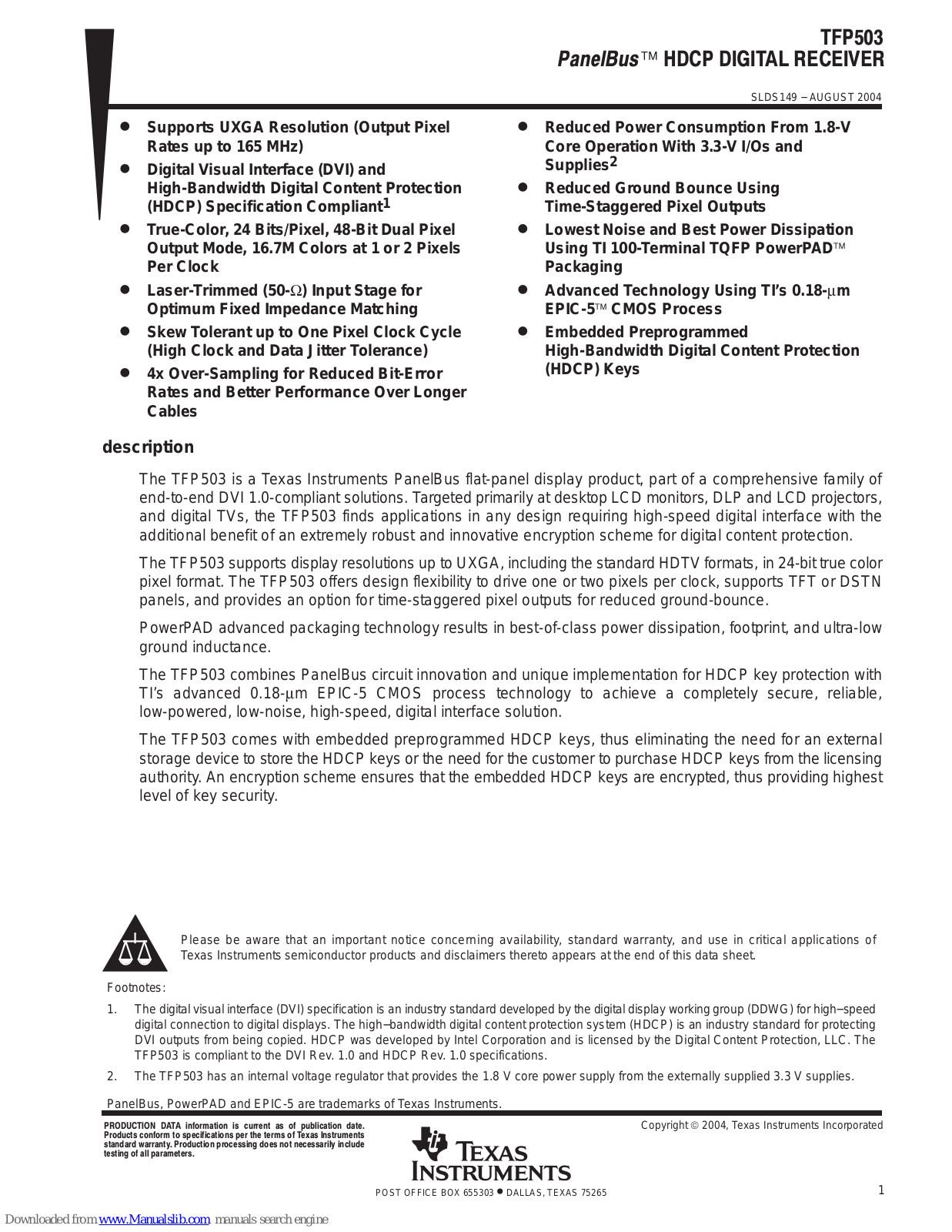 Texas Instruments PanelBus TFP503 User Manual