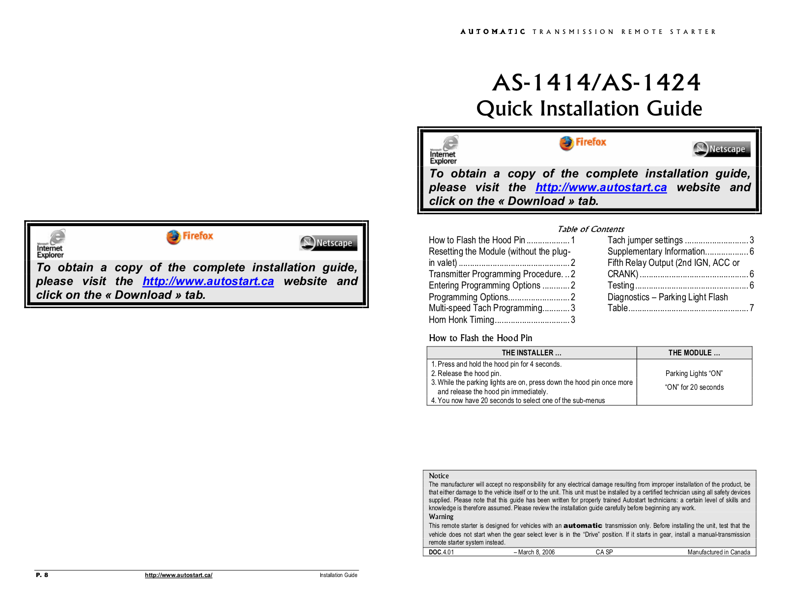 Autostart AS-1424, AS-1414 Quick Guide