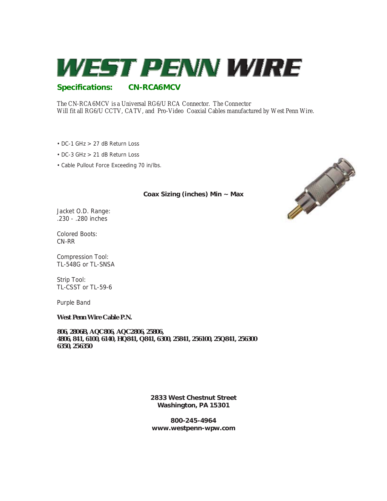 West Penn CN-RCA6MCV Specsheet