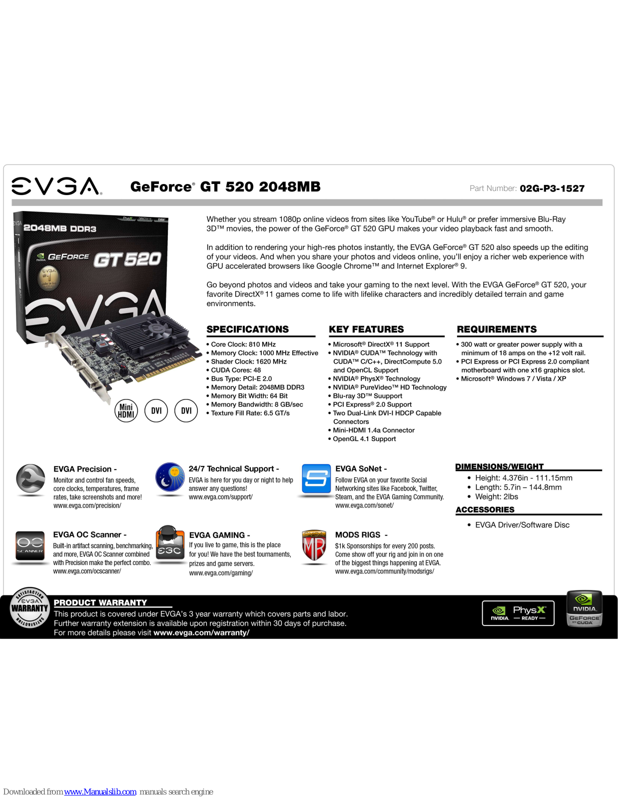 EVGA VGA GT520 DDR3 2GB MINI HDDD, GeForce GT 520 Specification - ManualMachine.com