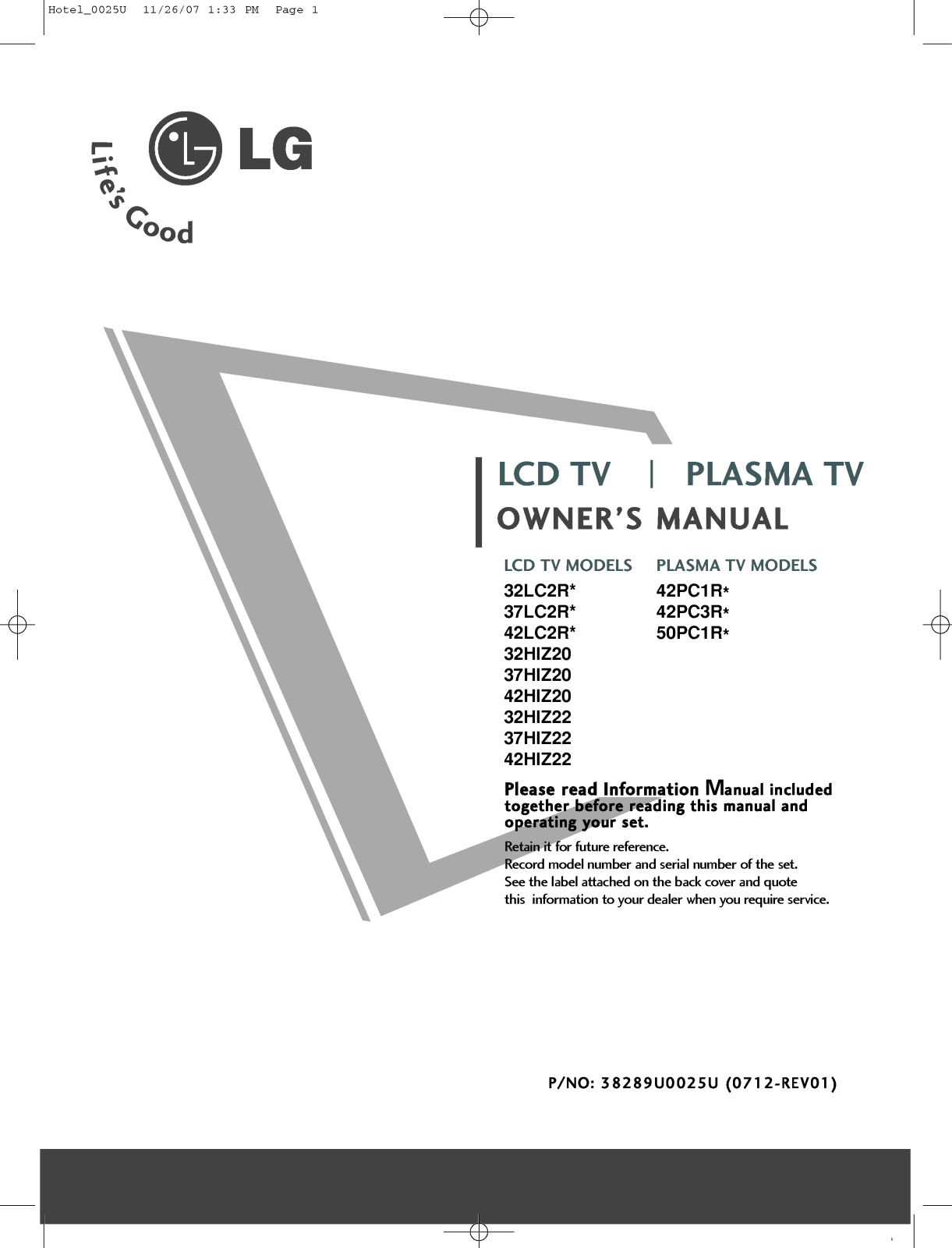 LG 42HIZ22, 32HIZ22, 37HIZ22 User Manual