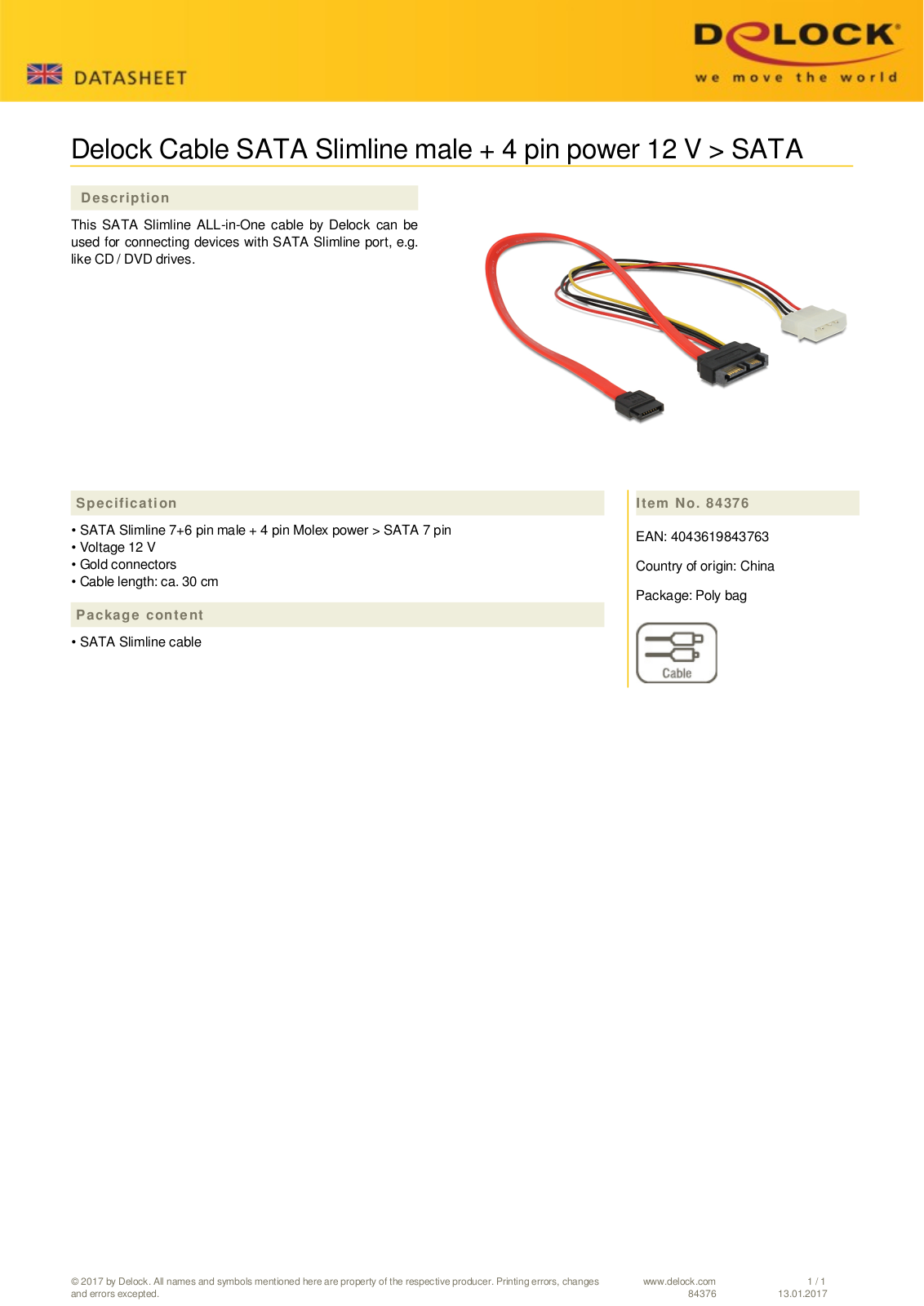 DeLOCK SATA All-in-One Kabel 0.3m, Slimline  Stecker User Manual