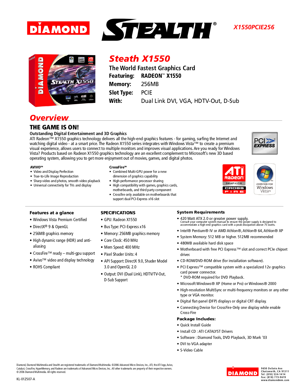 Diamond Multimedia X1550, X1550PCIE256 User Manual