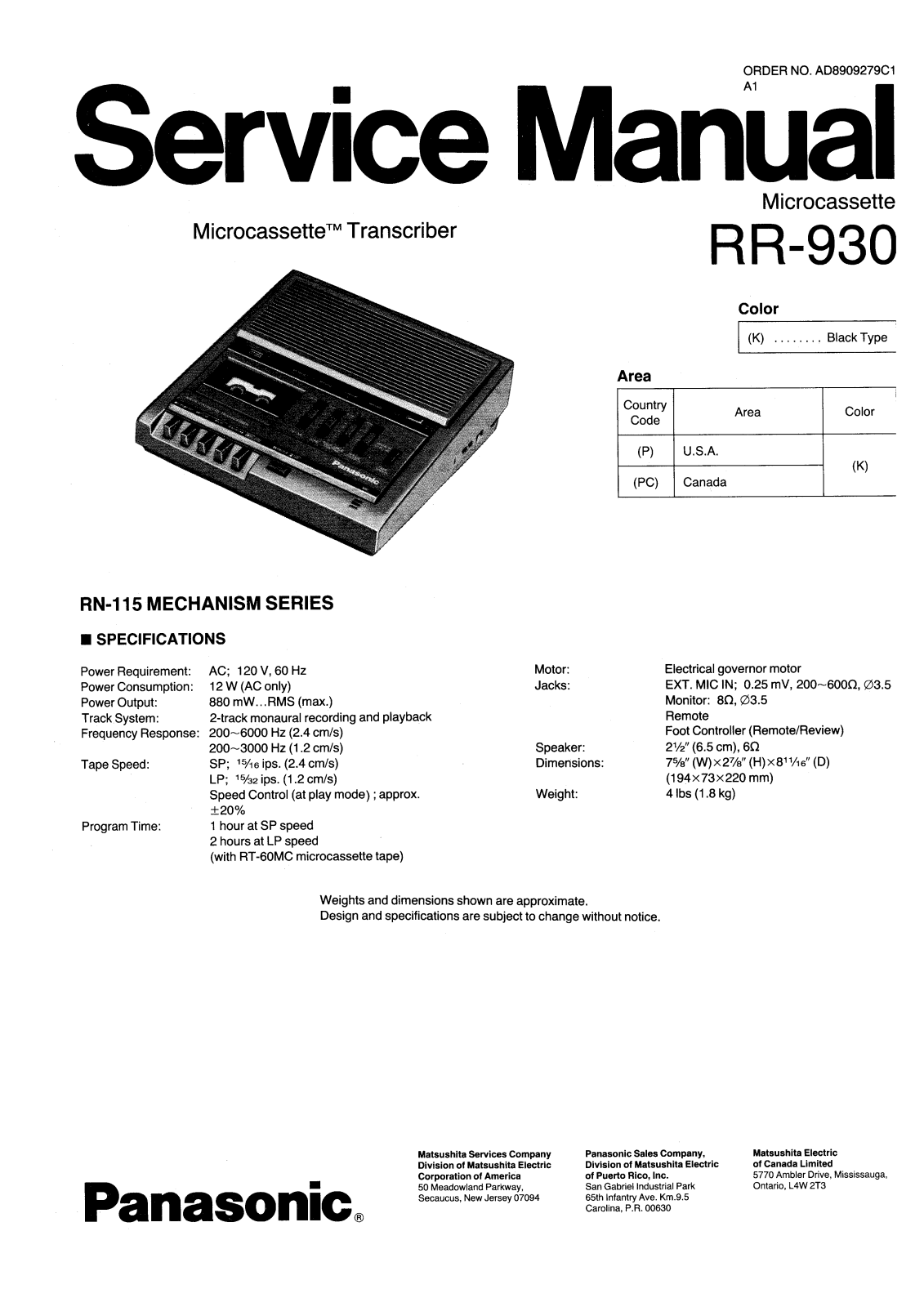 Panasonic RR-930 Service manual