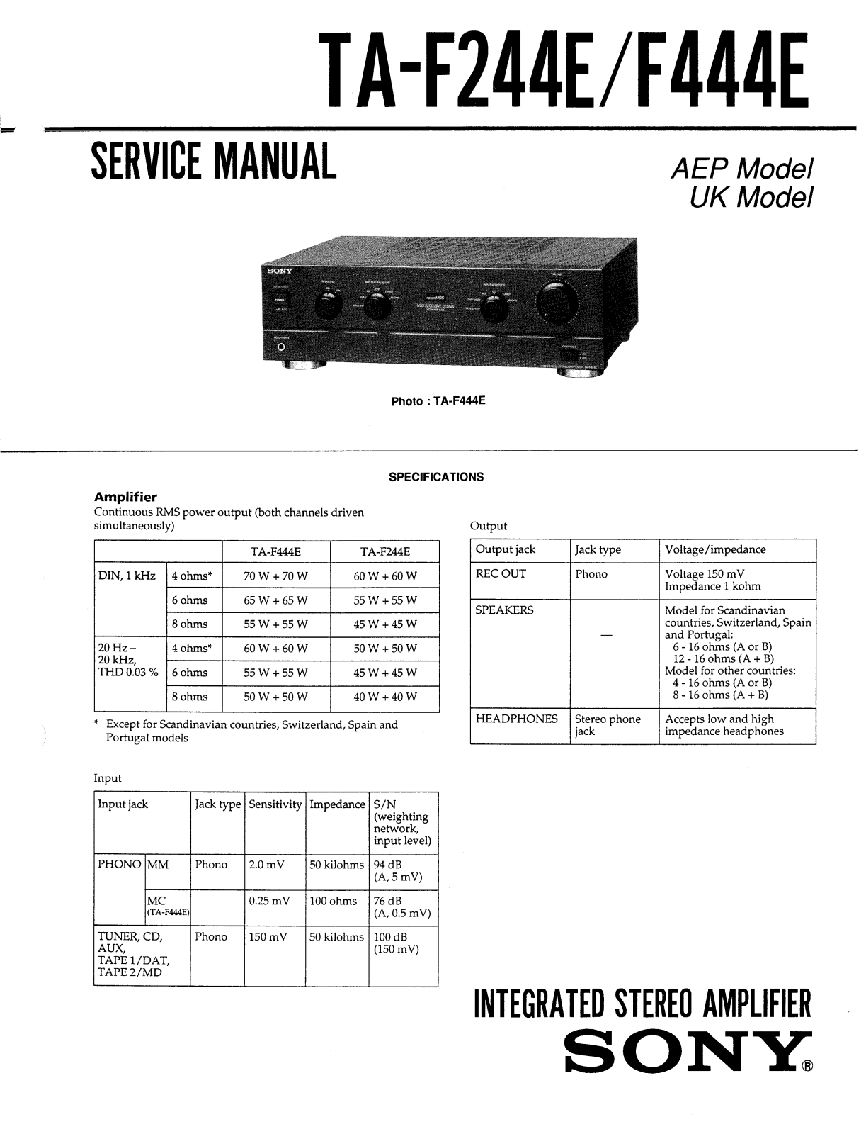 Sony TAF-244-E, TAF-444-E Service manual