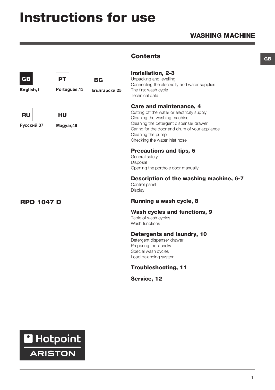 Hotpoint Ariston RPD 1047 DD EU User Manual