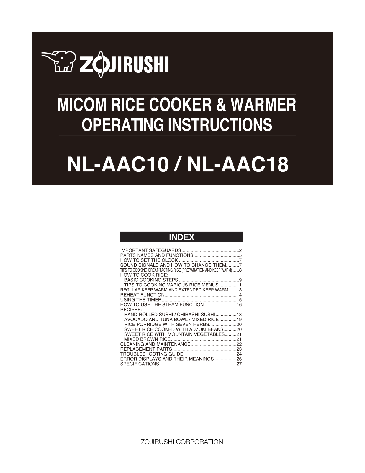 Zojirushi NL-AAC18, NL-AAC10 User Manual