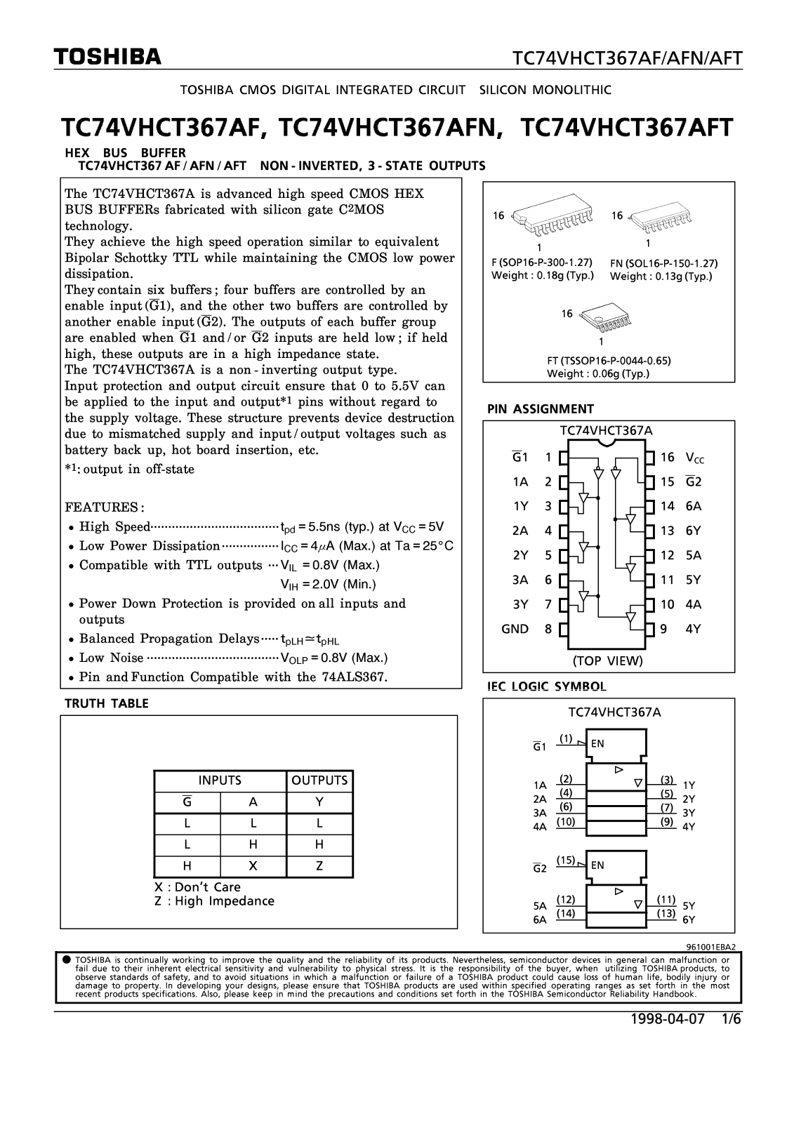 Toshiba TC74VHCT367AFT, TC74VHCT367AFN, TC74VHCT367AF Datasheet