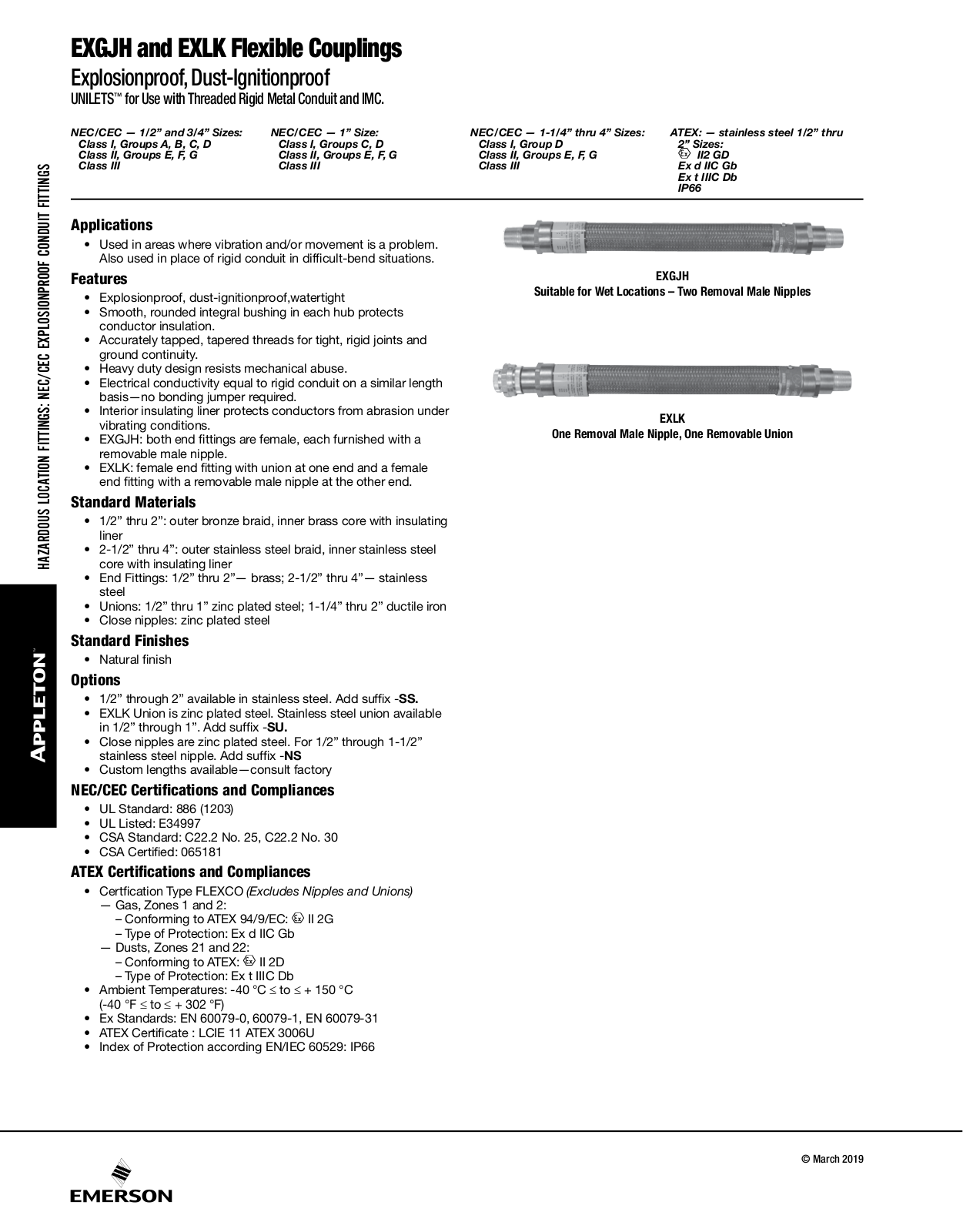 Appleton EXGJH Flexible Couplings, EXLK Flexible Couplings Catalog Page