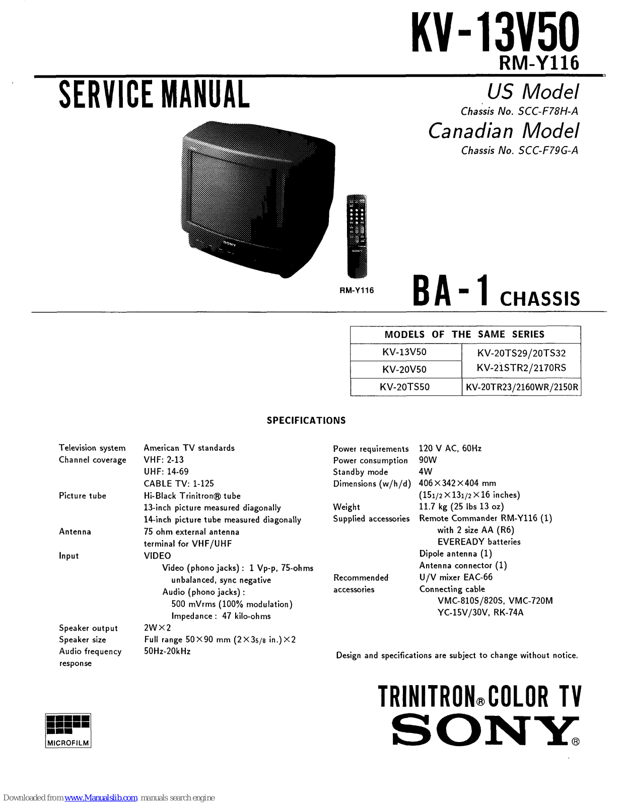 Sony Trinitron KV-13V50, RM-Y116 Service Manual