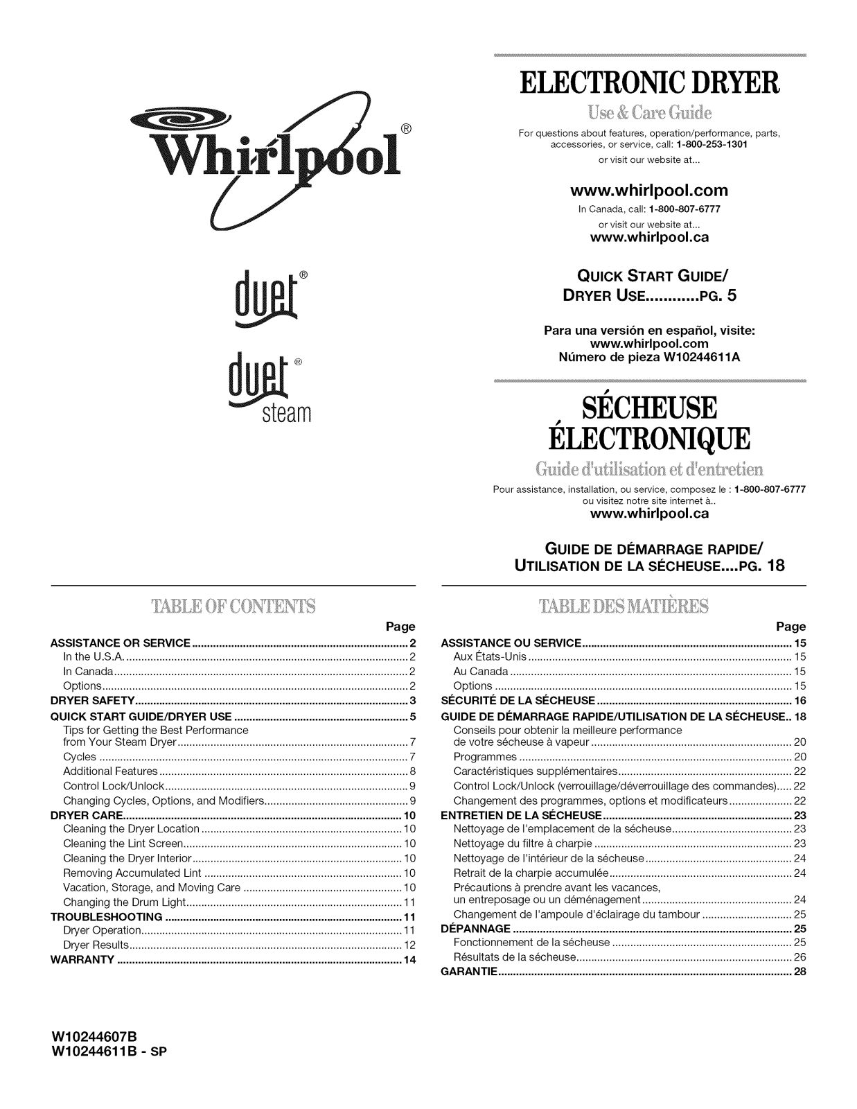 Whirlpool WED9450WW1, WGD9610XW0, WGD9550WW2, WGD9550WW1, WGD9550WW0 Owner’s Manual