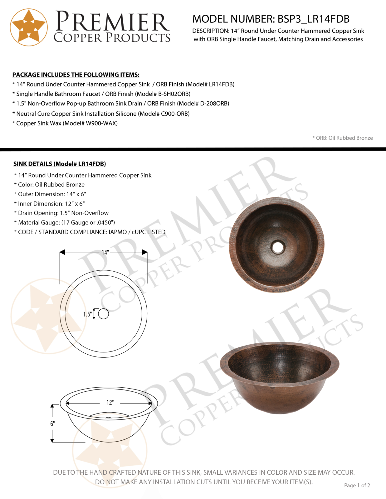 Premier Copper Products IER1629 Specifications - ManualMachine.com