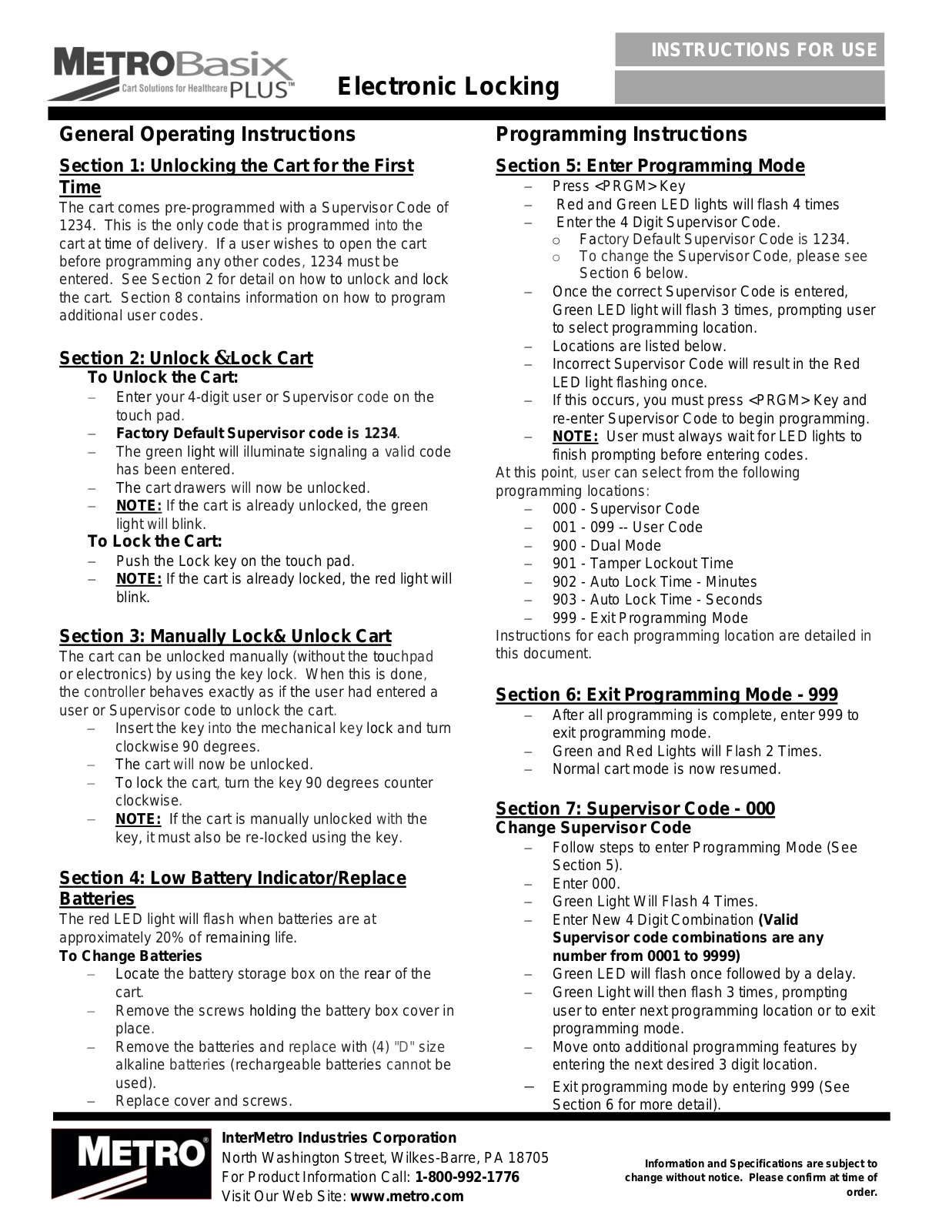 Metro Basix Plus Electronic Locking User Manual