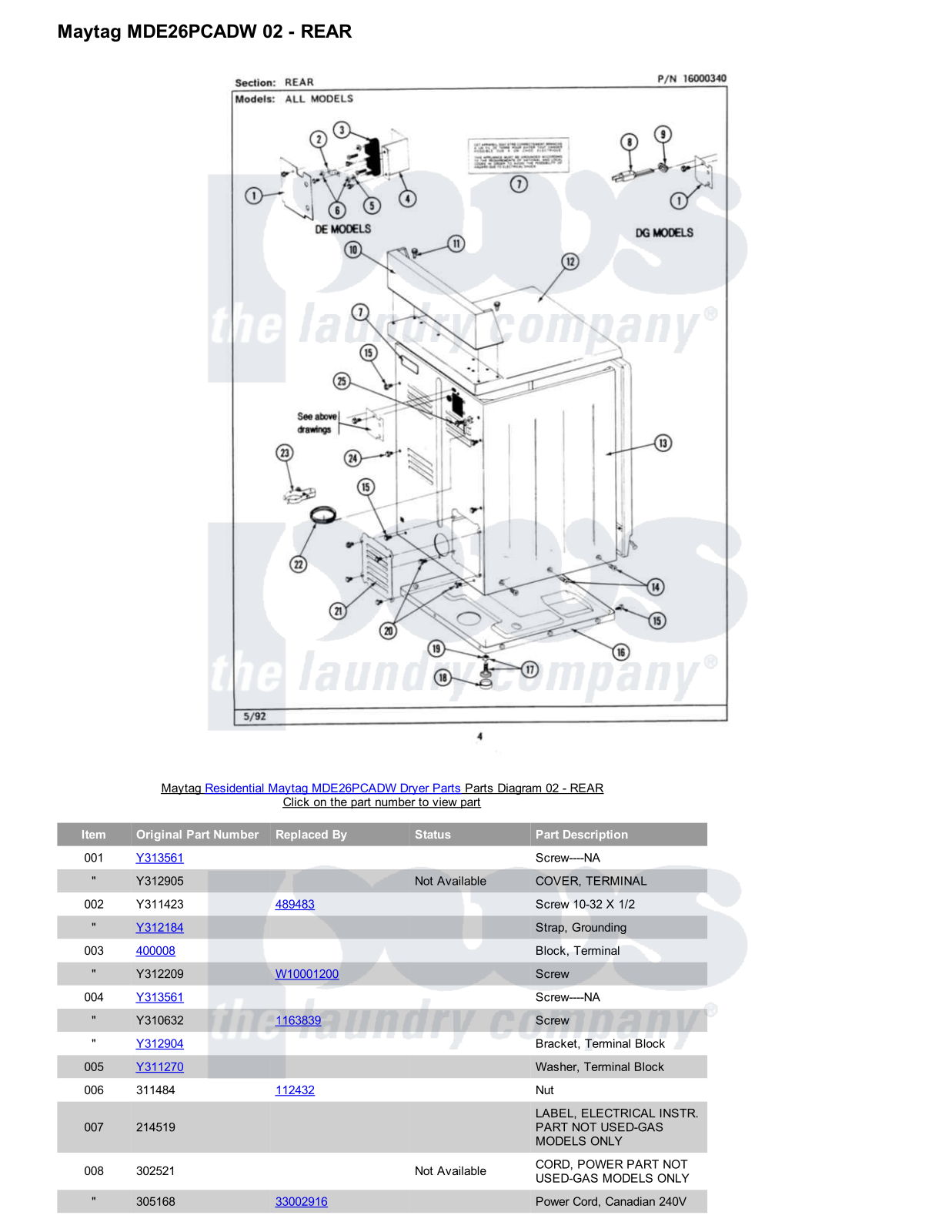 Maytag MDE26PCADW Parts Diagram