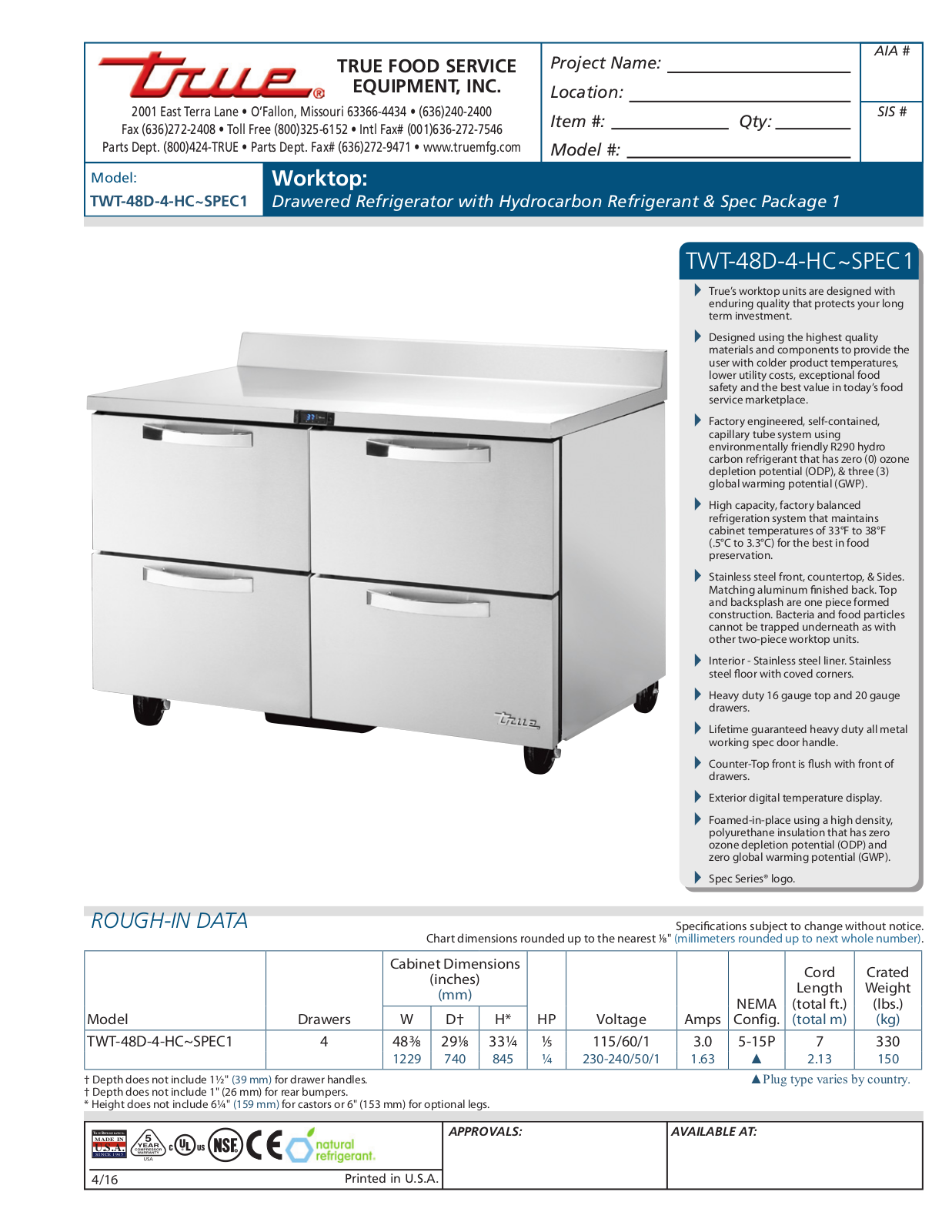 True TWT-48D-4-HC User Manual