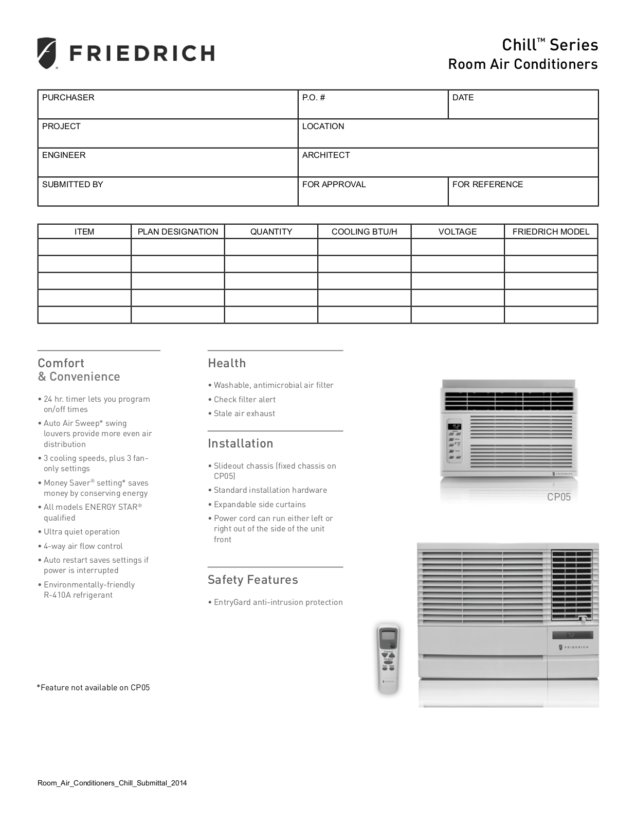 Friedrich EP08G11B Specsheet