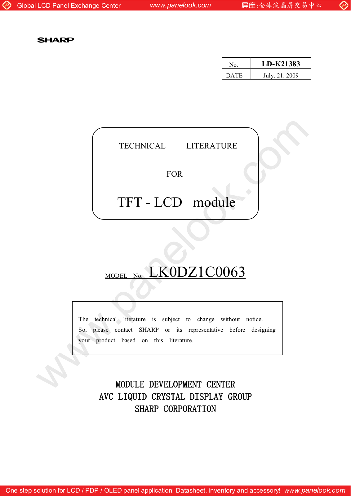 SHARP LK0DZ1C0063 Specification