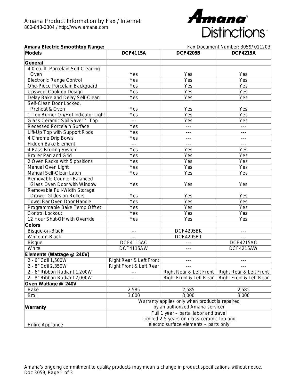 Amana DCF4115AC, DCF4115AW, DCF4205BK, DCF4205BT, DCF4215AC Specification Sheet