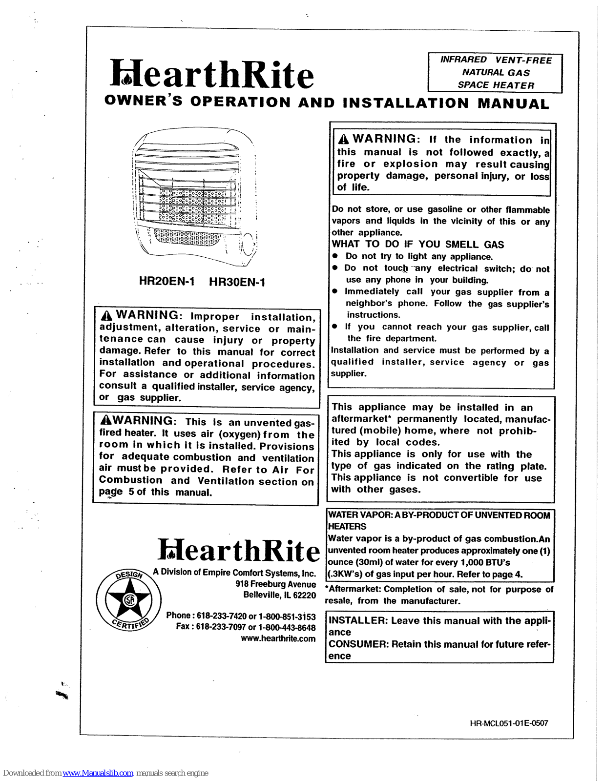 HearthRite HR20EN-1, HR30EN-1 Owner's Operation And Installation Manual