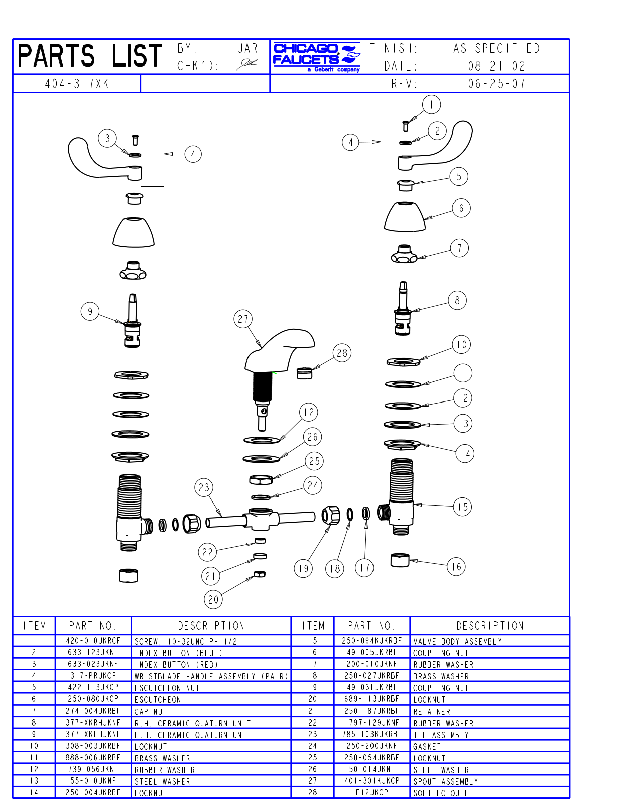 Chicago Faucet 404-317XKCP Parts List