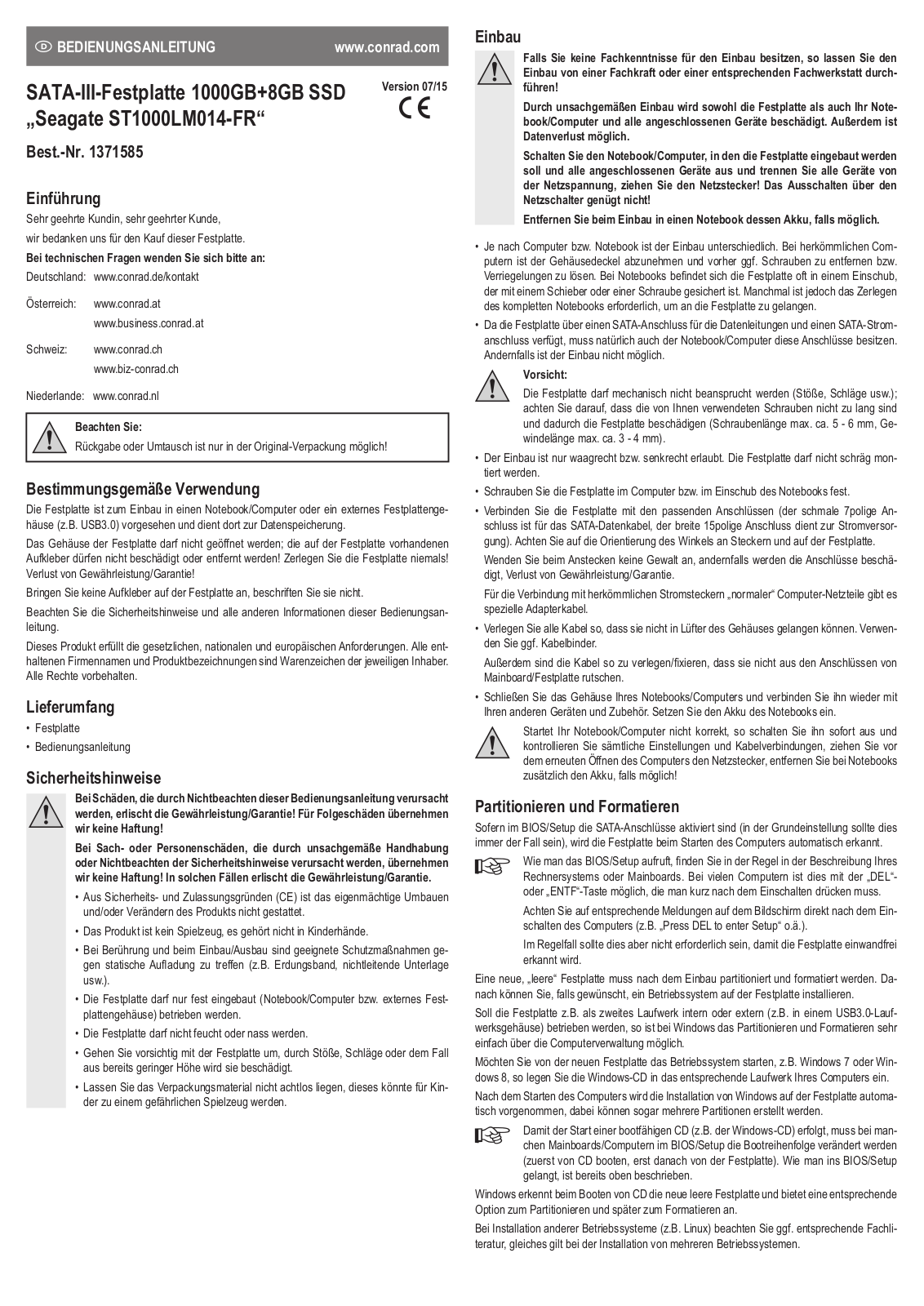 Seagate ST1000LM014-FR OPERATION MANUAL