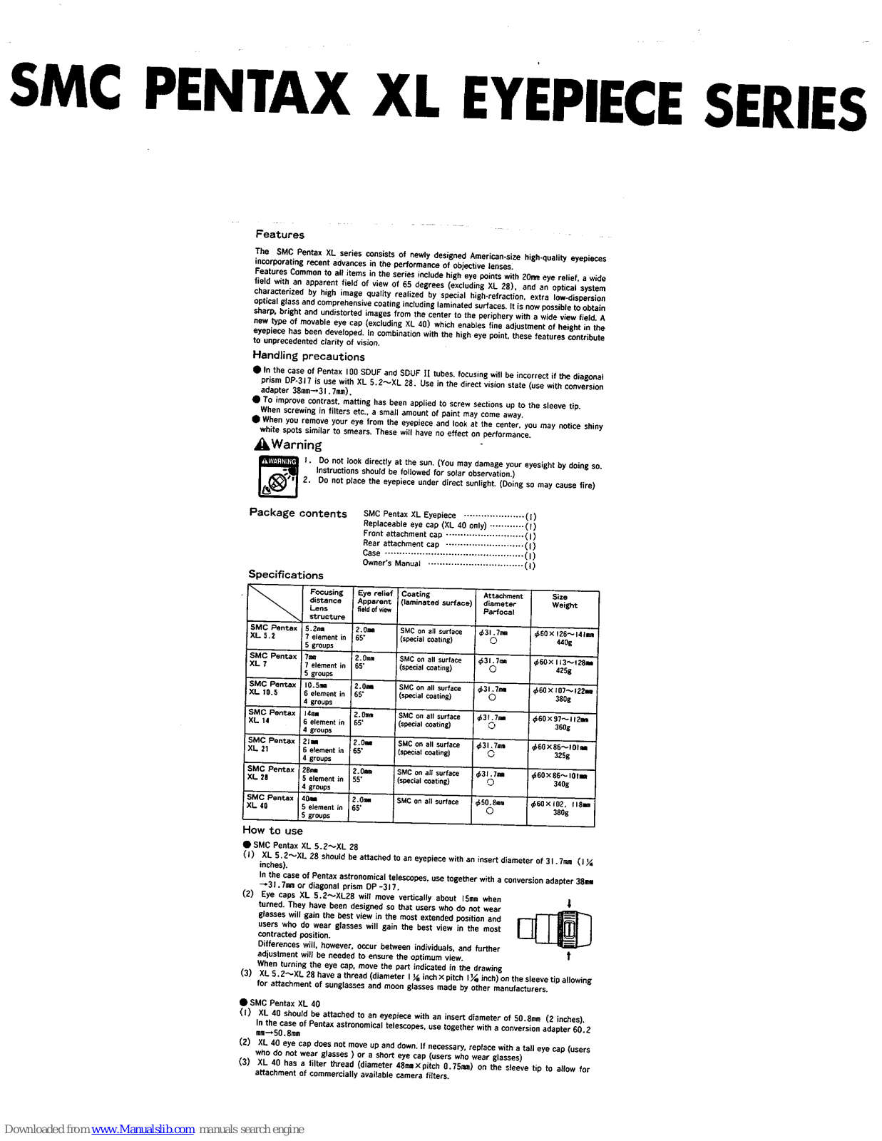 Pentax SMC XL EYEPIECE Series, SMC XL 5.2, SMC XL 7, SMC XL 10.5, SMC XL 14 Operating Manual