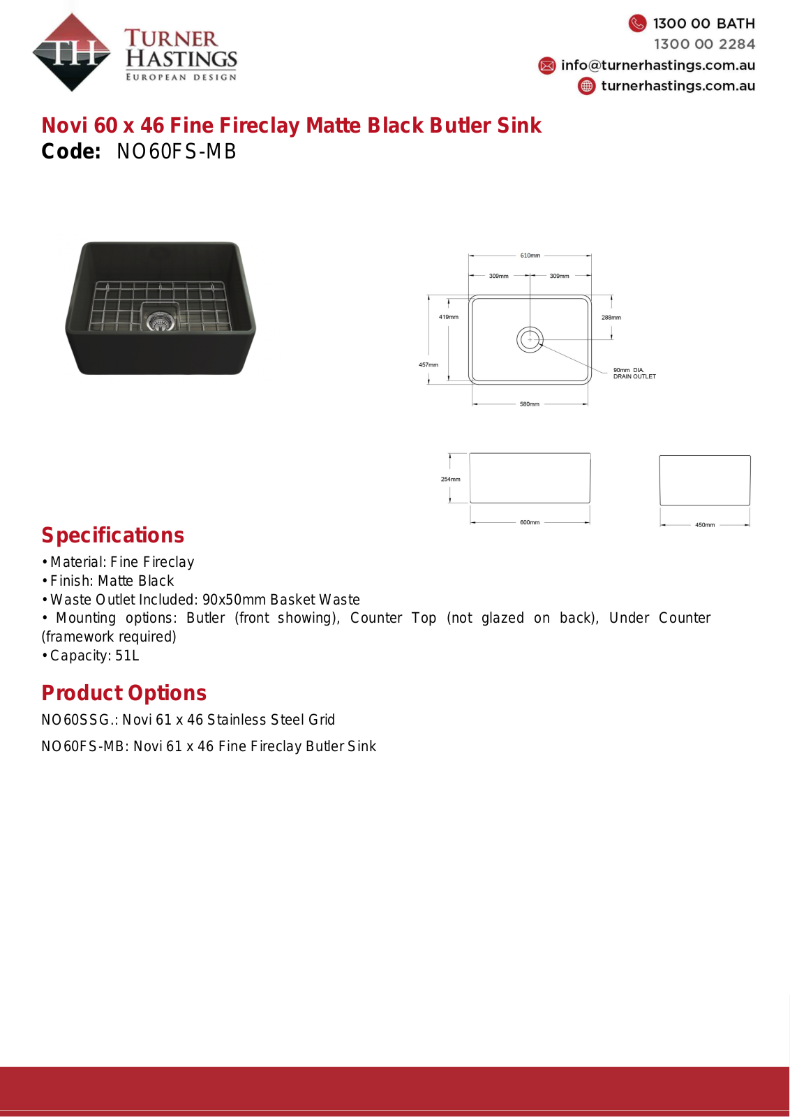 Turner Hastings NO60FS-MB Specifications Sheet