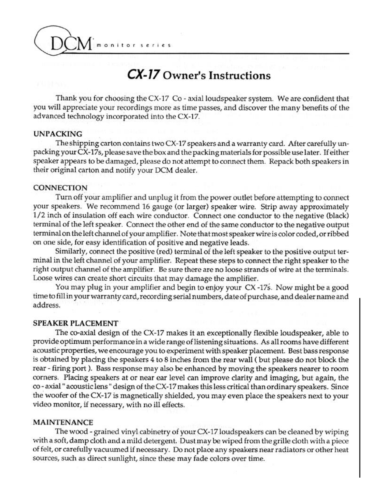 DCM CX-17 Owners manual