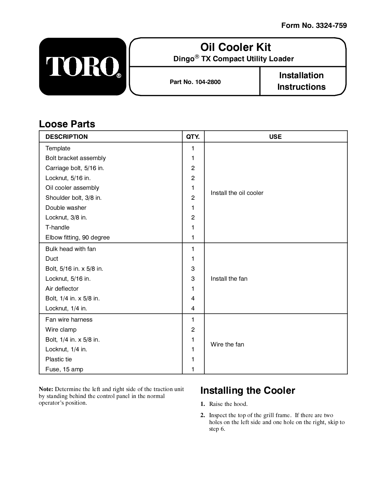 Toro 104-2800 Installation Instructions