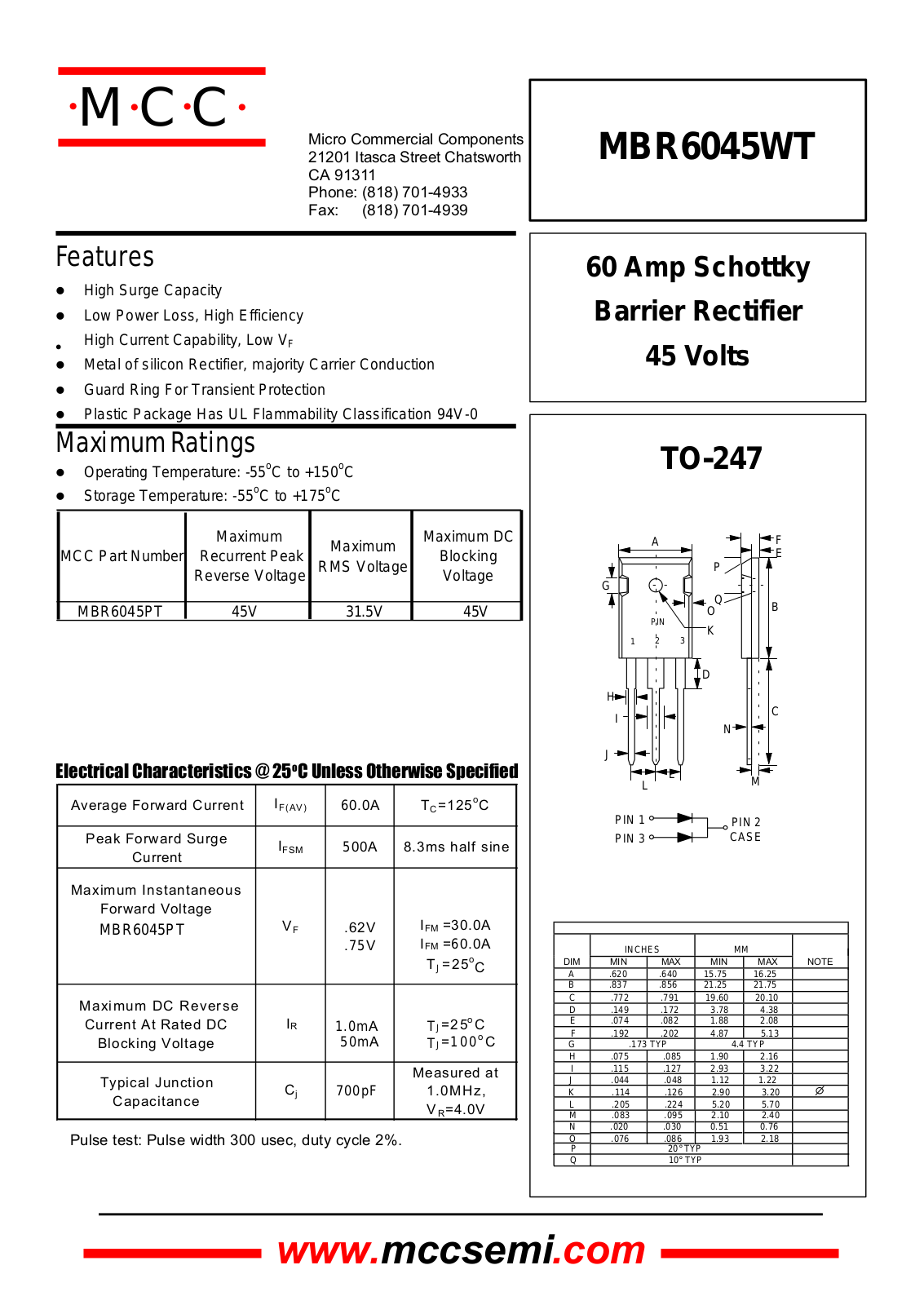 MCC MBR6045WT Datasheet