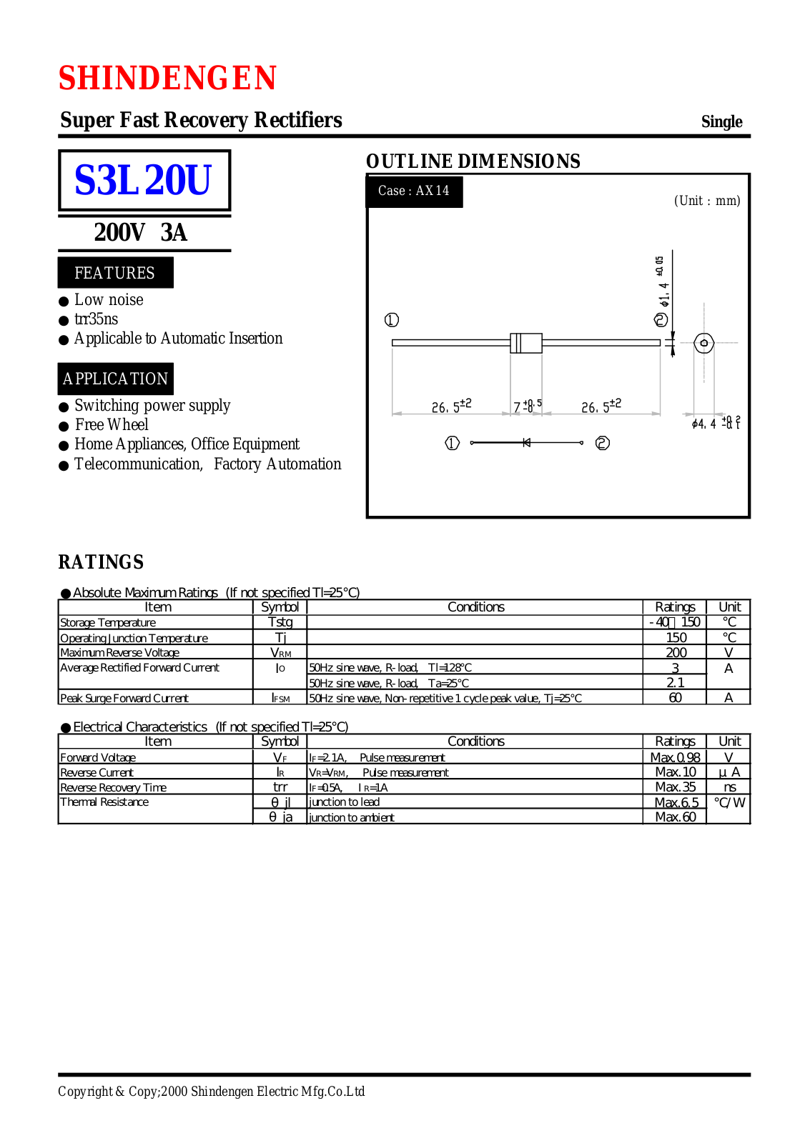 Shindengen Electric Manufacturing Company Ltd S3L20U Datasheet