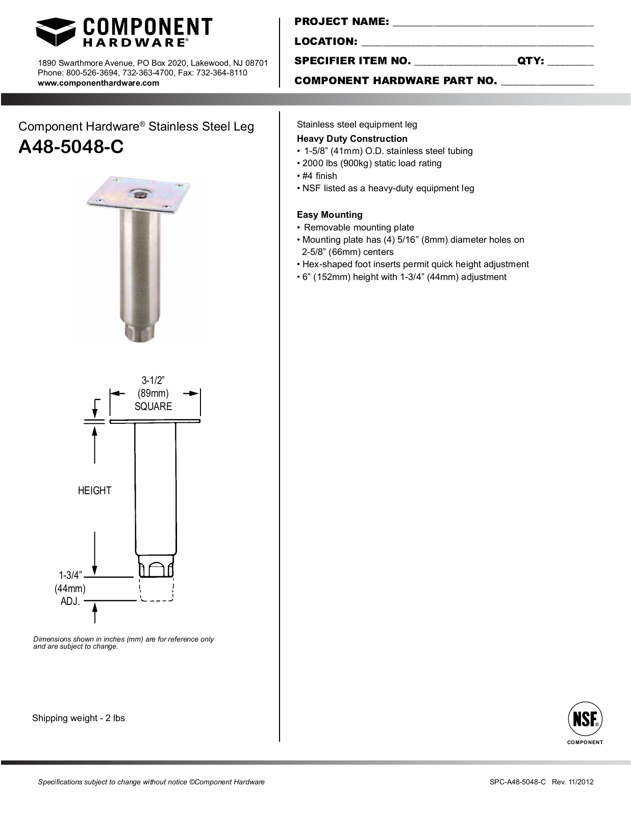 Component Hardware A48-5048-C User Manual